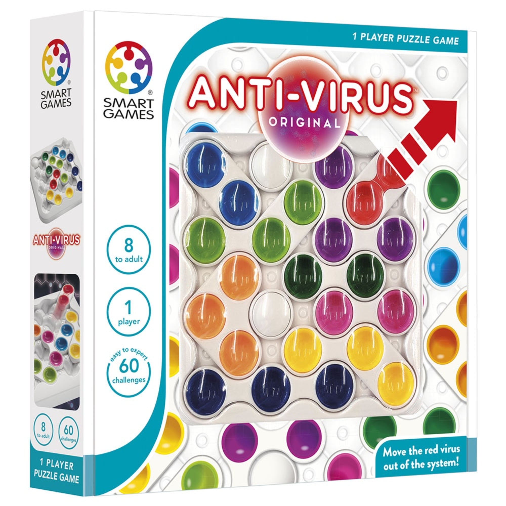 Smart Games – Anti-Virus Original logikai játék doboza, színes korongos játéktáblával és a „Move the red virus out of the system!” felirattal.