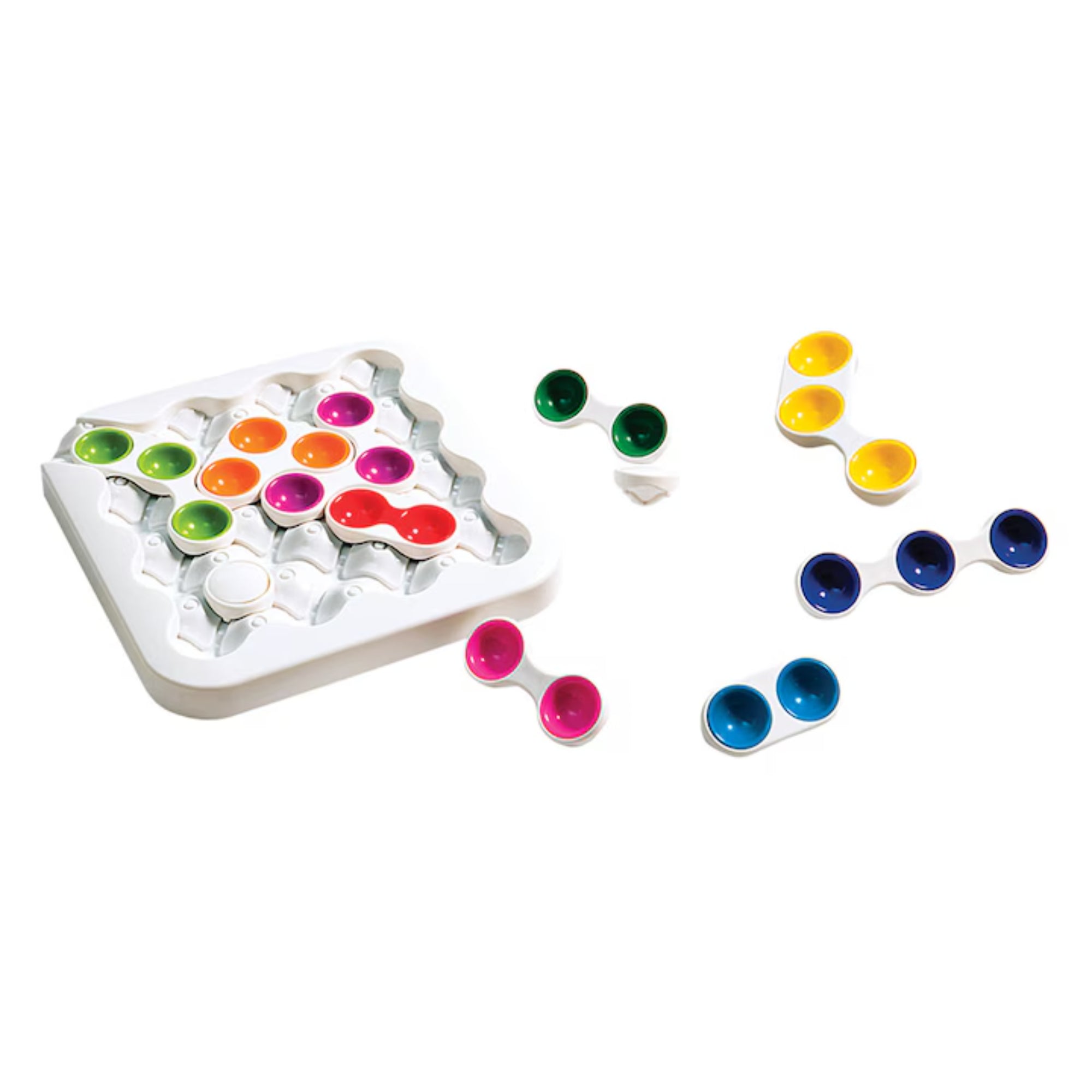 Smart Games – Anti-Virus Original játék elemei: fehér tábla és különböző színű, kettős korong alakú puzzle-darabok szétszedve.