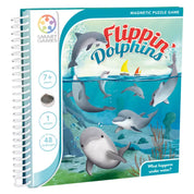 A Flippin’ Dolphins társasjáték borítója, amely egy mágneses logikai játék delfinekkel, 48 kihívással, 7 éves kortól ajánlott egyjátékos szórakozásra.