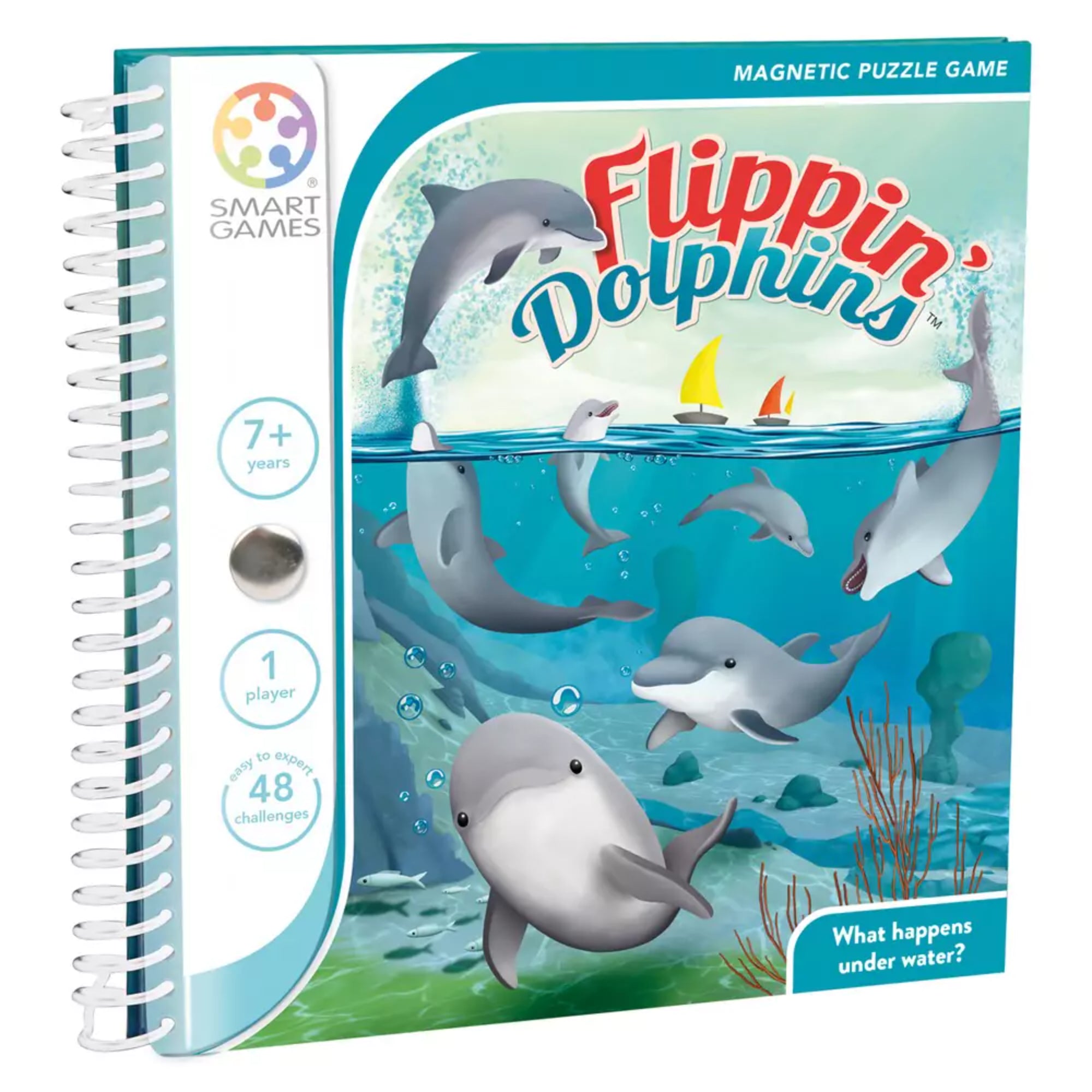 A Flippin’ Dolphins társasjáték borítója, amely egy mágneses logikai játék delfinekkel, 48 kihívással, 7 éves kortól ajánlott egyjátékos szórakozásra.