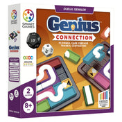 A Smart Games Genius Connection logikai társasjáték doboza, színes pályadarabokkal és kockákkal, 8 éves kortól ajánlott kétjátékos STEM játék.