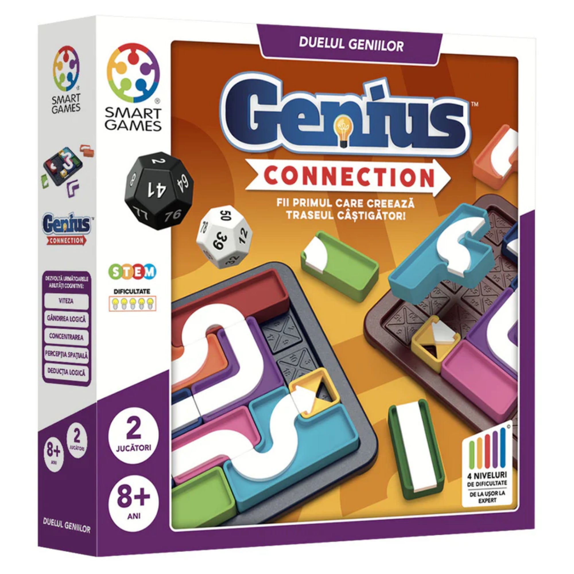 A Smart Games Genius Connection logikai társasjáték doboza, színes pályadarabokkal és kockákkal, 8 éves kortól ajánlott kétjátékos STEM játék.