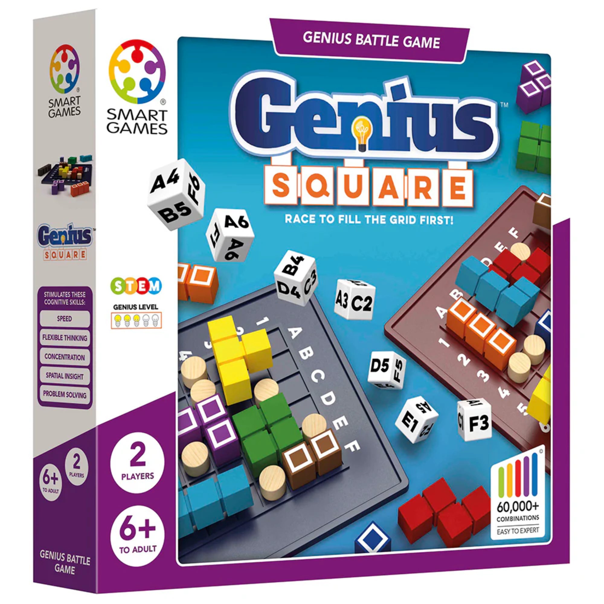Genius Square logikai társasjáték doboza, Smart Games kiadás, 2 játékos részére, színes elemekkel és dobókockákkal illusztrálva.