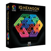 A Smart Games IQ Hexagon logikai játék doboza, hatszög alakú játéktáblával és színes, hajlított elemekkel, 120 kihívással.