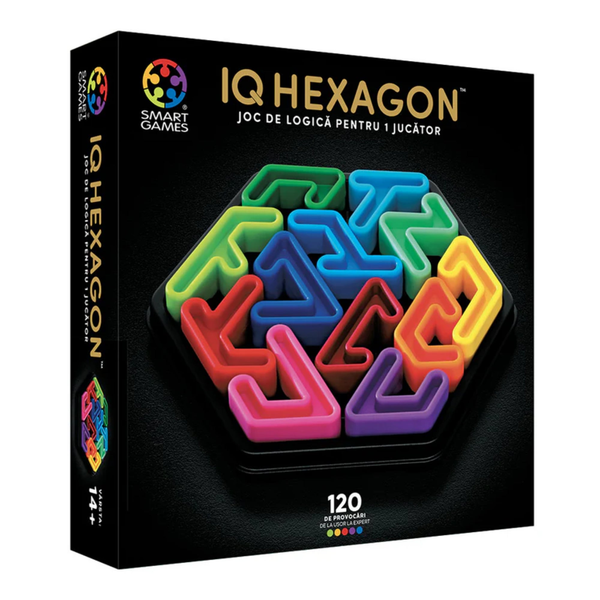 A Smart Games IQ Hexagon logikai játék doboza, hatszög alakú játéktáblával és színes, hajlított elemekkel, 120 kihívással.