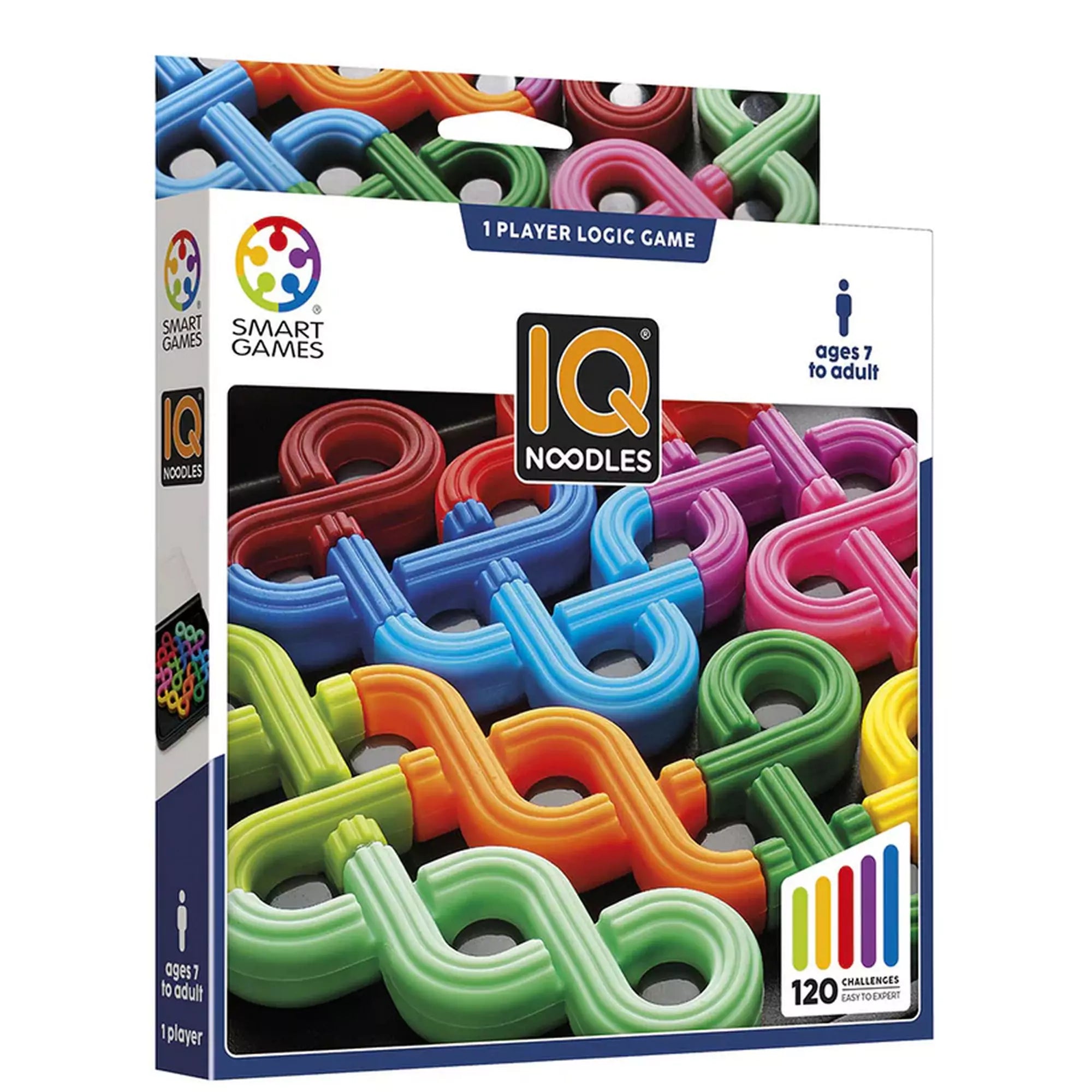 A Smart Games: IQ Noodles logikai játék doboza, amely színes, hajlított formájú elemeket tartalmaz. A játék egyéni kihívásokat kínál, és 120 feladványt tartalmaz különböző nehézségi szinteken.