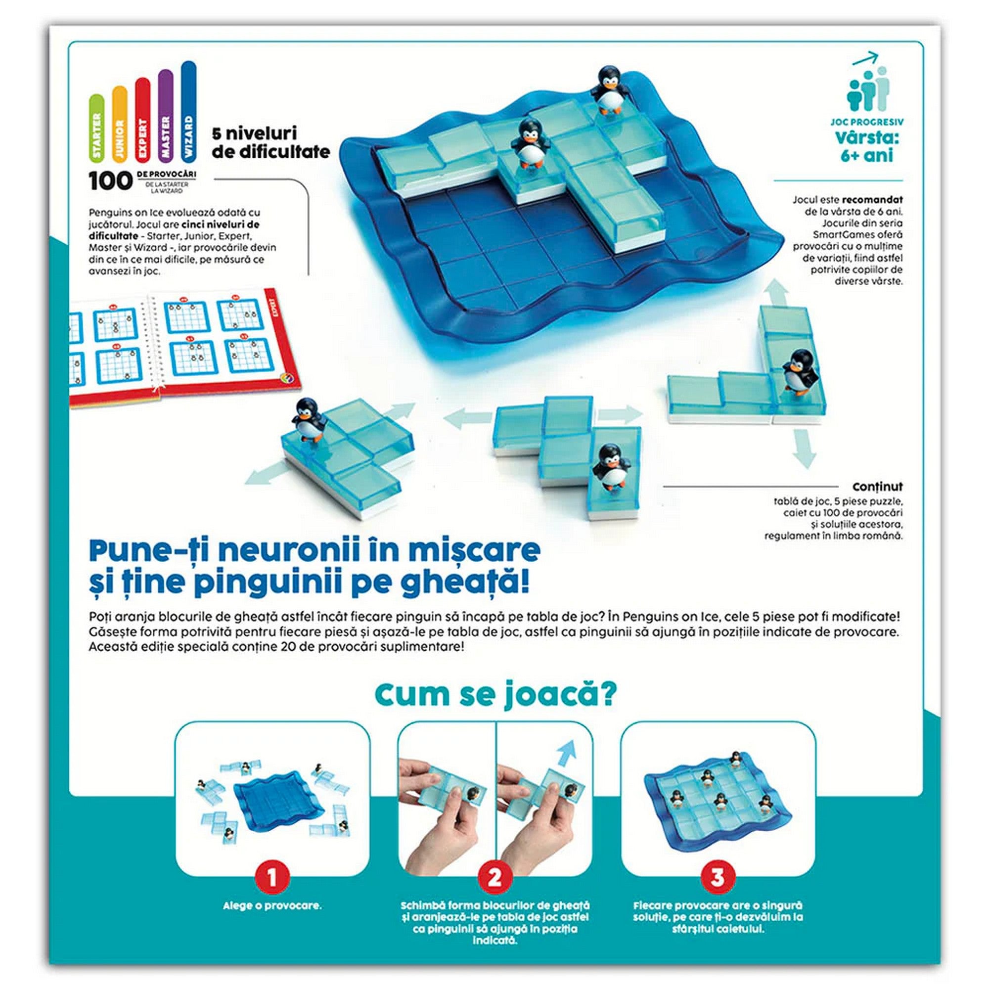 „Penguins on Ice játékismertető oldal, jégtáblákkal, pingvinfigurákkal és a lépéseket bemutató illusztrációkkal.”