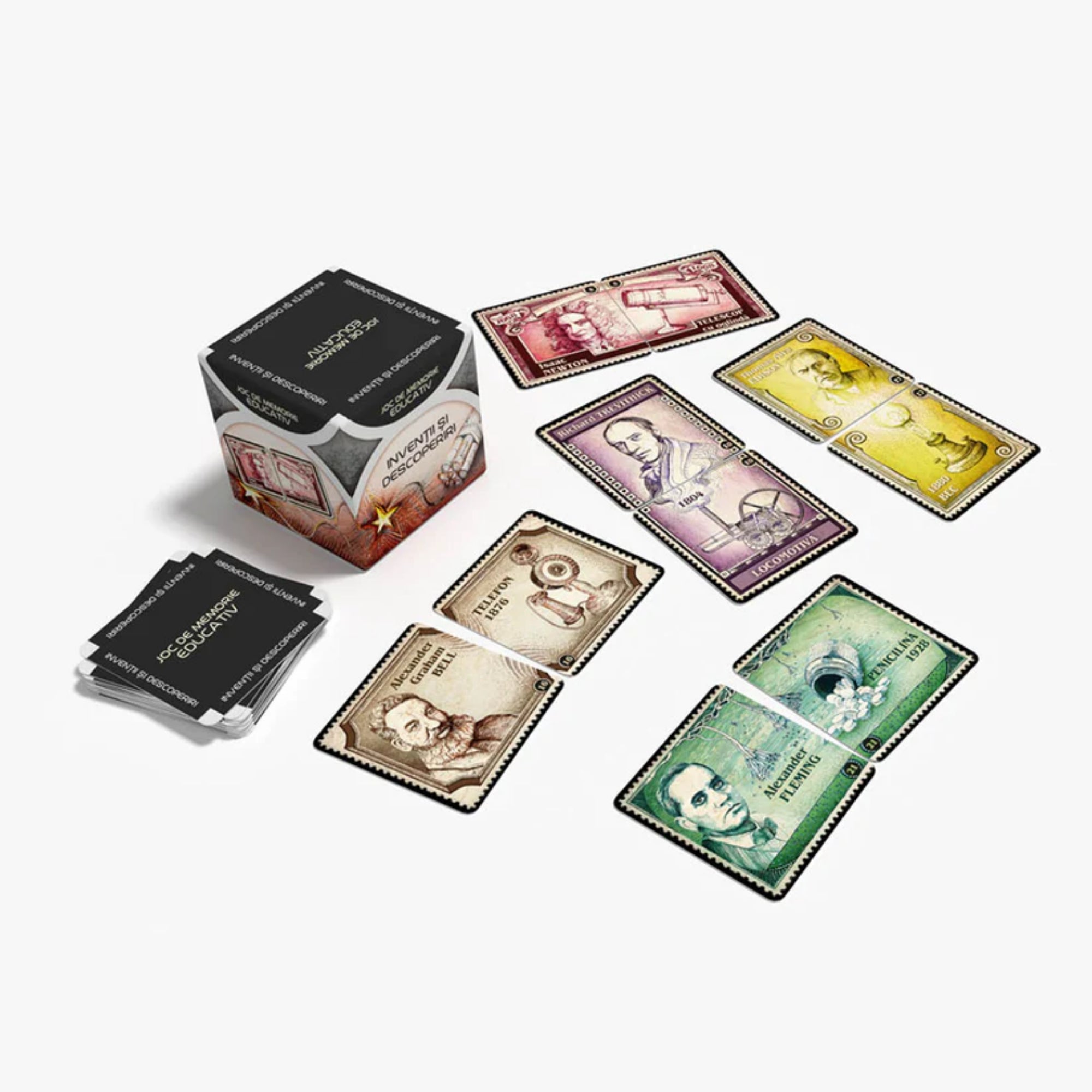 Smart Memo Invenții și Descoperiri román nyelvű oktató memóriajáték kártyái és doboza, kibontott állapotban, klasszikus bélyeg stílusú illusztrációkkal, híres feltalálókkal és találmányokkal ábrázolt lapokkal