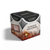 Smart Memo Invenții și Descoperiri román nyelvű memóriakártya társasjáték doboza, fekete-szürke színvilágú csomagolással, tudományos motívumokkal, feltalálásokat és történelmi felfedezéseket idéző illusztrációkkal