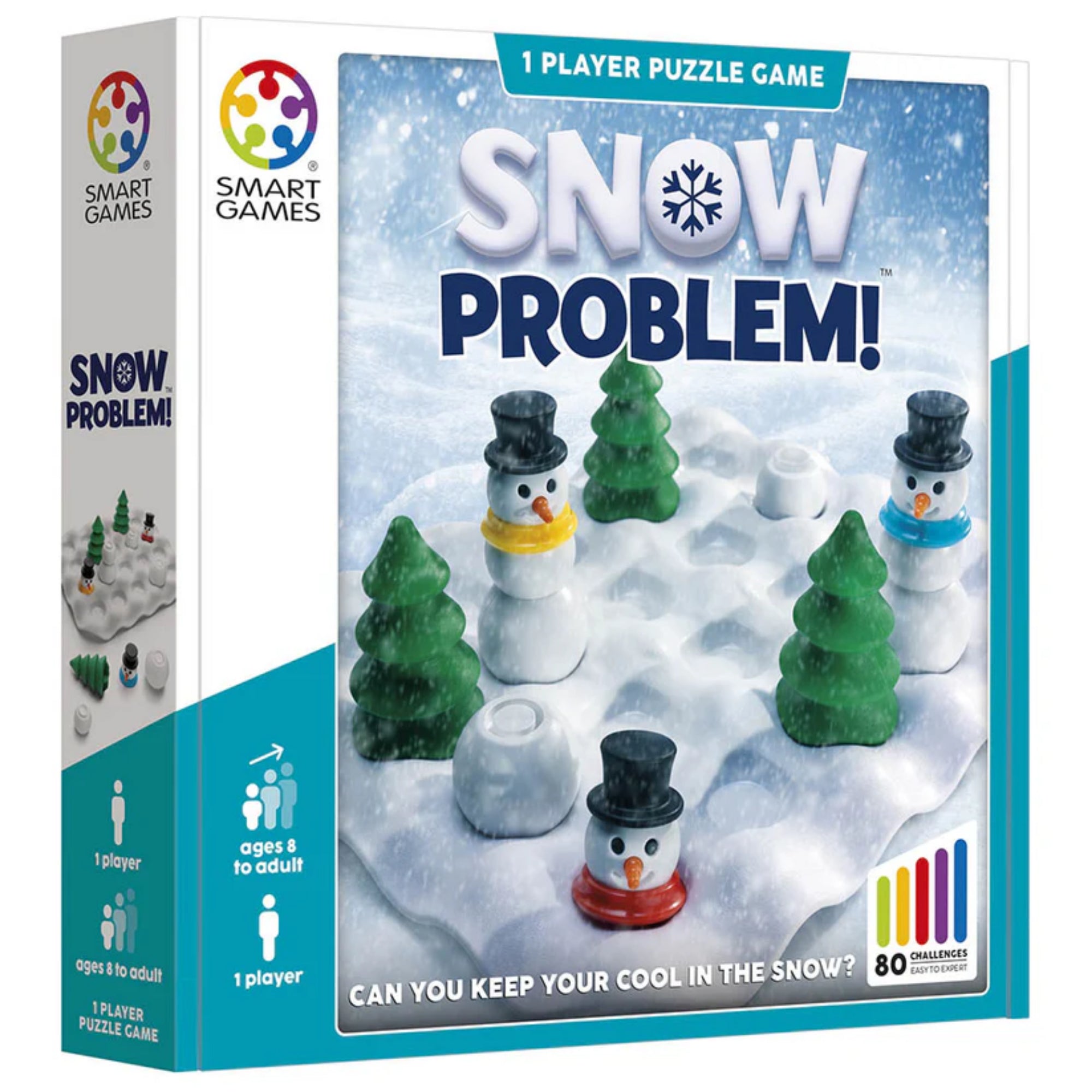 Snow Problem logikai társasjáték doboza a Smart Games-től, hóemberekkel, fenyőkkel és havas tájjal illusztrált előlap, 80 kihívással
