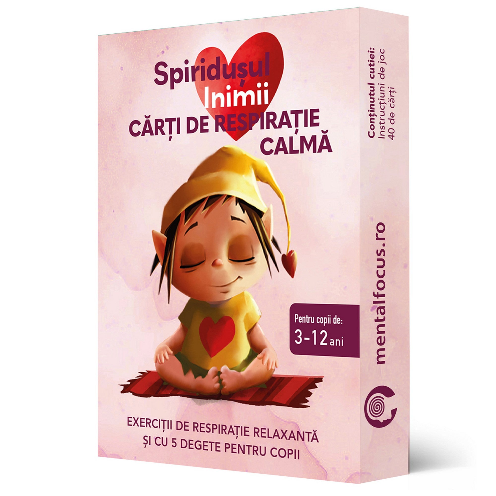 Spiridușul Inimii – Cărți de respirație calmă doboza meditáló manóval, légzőgyakorlatokat segítő kártyákkal 3–12 éves gyerekeknek.
