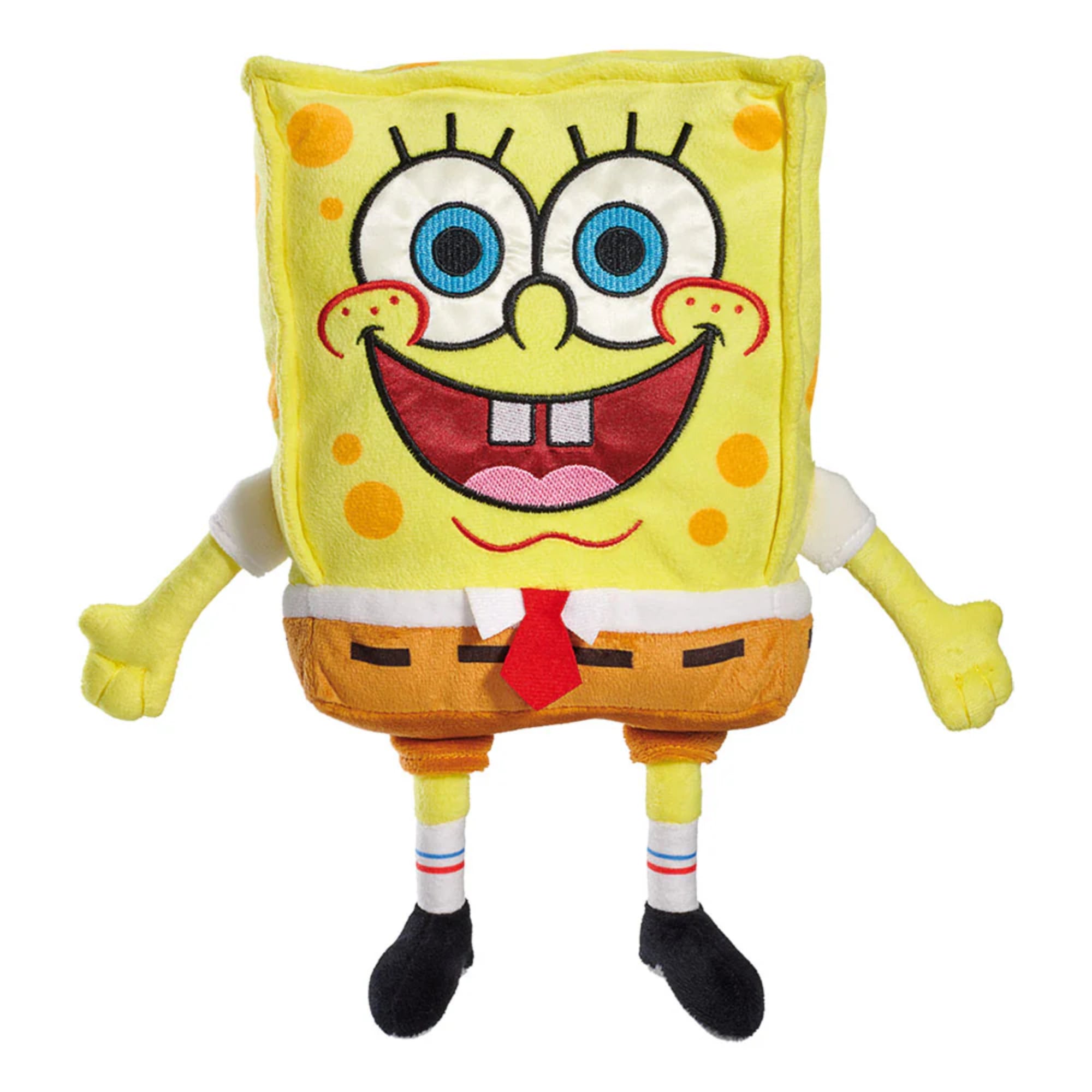 Schmidt Spiele SpongeBob SquarePants plüssfigura – vidám, sárga SpongyaBob plüss piros nyakkendővel, barna nadrágban, kék szemekkel, elölnézetben fehér háttéren.
