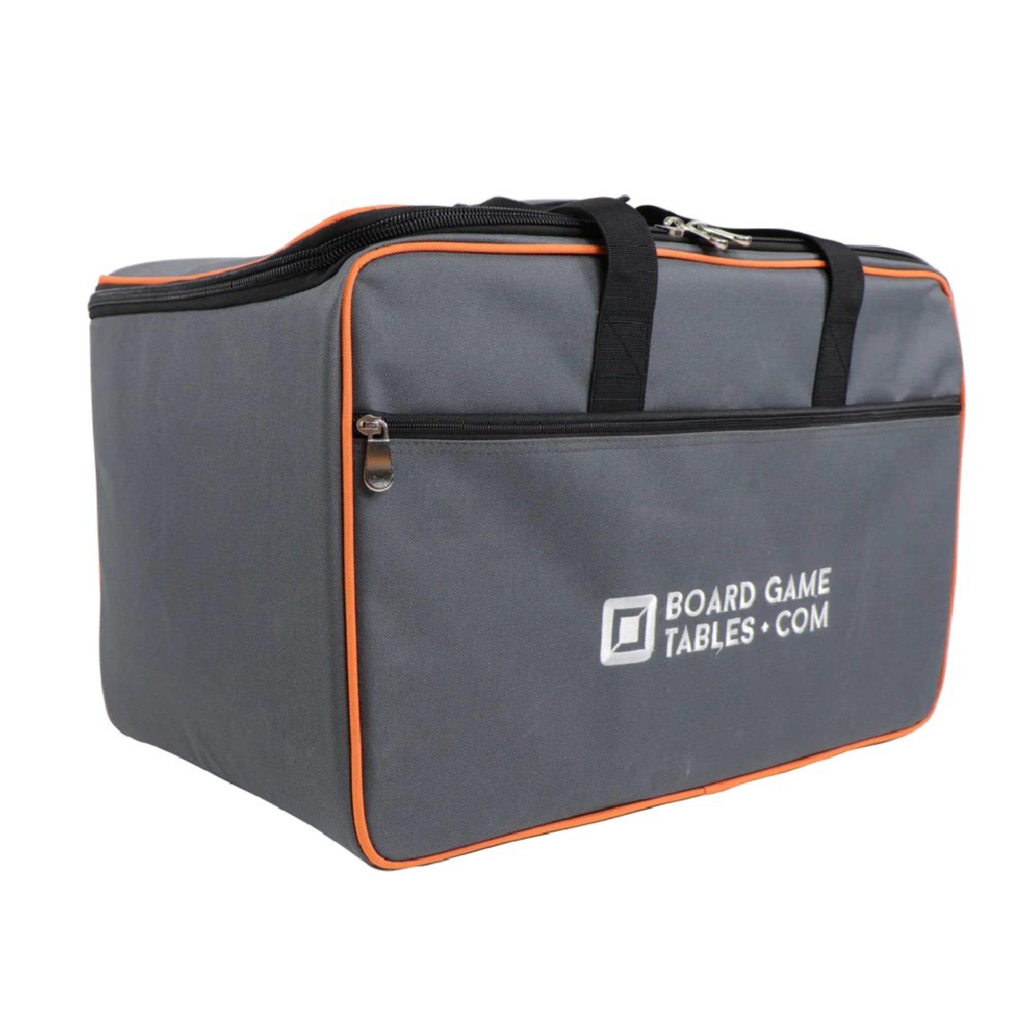 Board Game Tables Oxford Gray társasjáték hordtáska – szürke, narancsszegélyes, cipzáras tárolótáska elülső zsebbel és kézi fogantyúval.