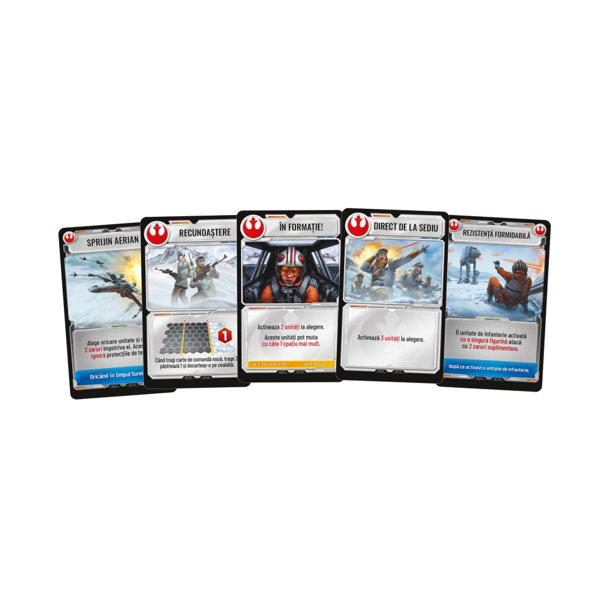 Star Wars: Bătălia de pe Hoth társasjáték parancskártyák, lázadó egységekkel, légi támogatással és speciális akciókkal.