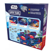 Star Wars Super Teams társasjáték hátoldali doboza, játékmenet-bemutatóval, pályarészletekkel és kártyákkal.