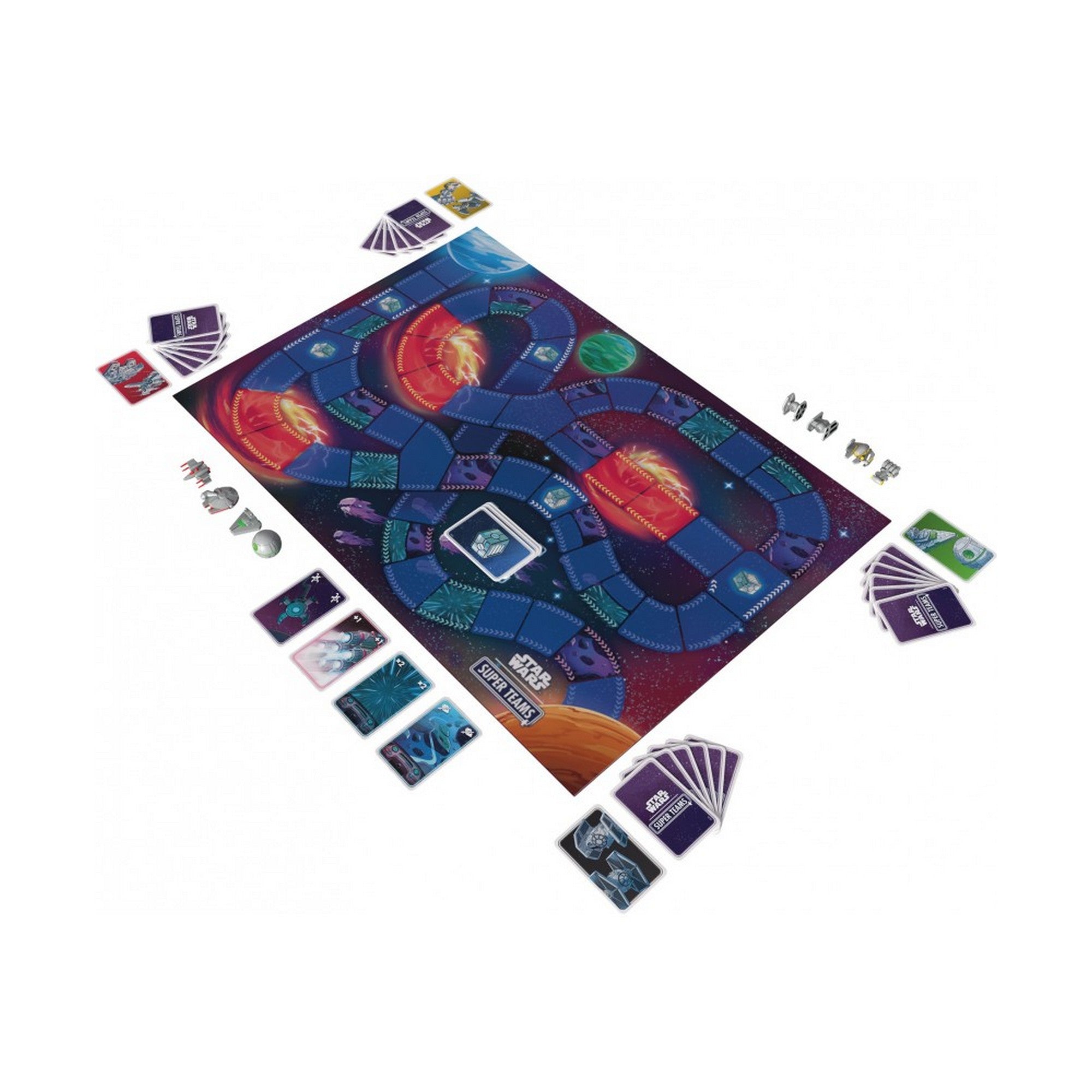 Star Wars Super Teams társasjáték kiterített játéktáblával, kártyákkal és űrhajó figurákkal játék közben.