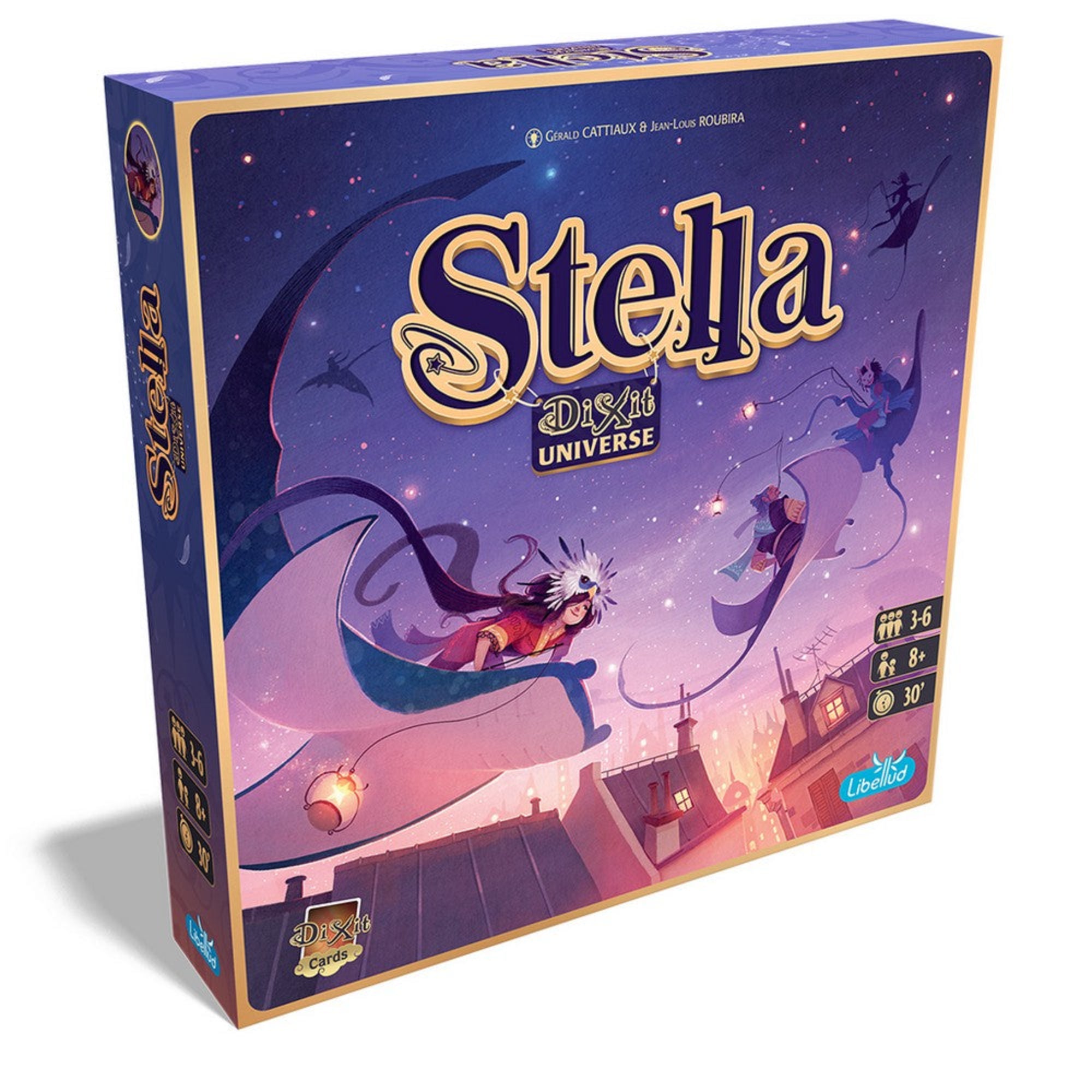 A Stella: Dixit Universe társasjáték doboza, amely lila színvilágú, csillagokkal teli éjszakai égboltot ábrázol. A borítón varázslatos hangulatú illusztráció látható, amelyen lebegő karakterek szárnyalnak a háztetők felett. A dobozon a játék neve nagy betűkkel szerepel, és a játékosok száma (3–6), az ajánlott életkor (8+), valamint a játékidő (30 perc) is feltüntetve van.