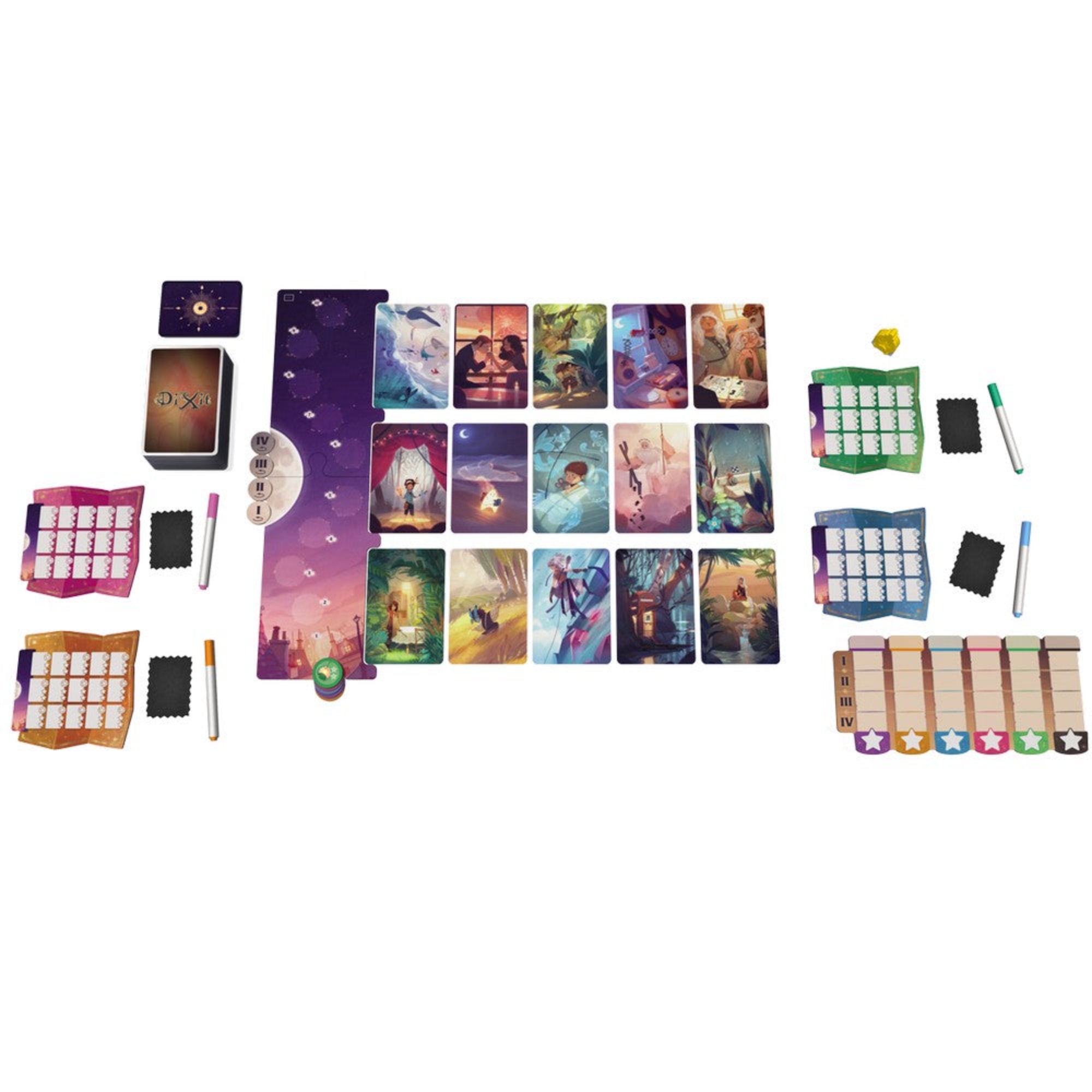 A Stella: Dixit Universe társasjáték kiterített tartalma, amely színes, fantáziadús illusztrációkkal ellátott kártyákból, játéktáblából, pontozólapokból, filctollakból és jelölőkből áll. A játék komponensei művészi grafikával díszítettek, amelyek a játék varázslatos és kreatív hangulatát tükrözik.