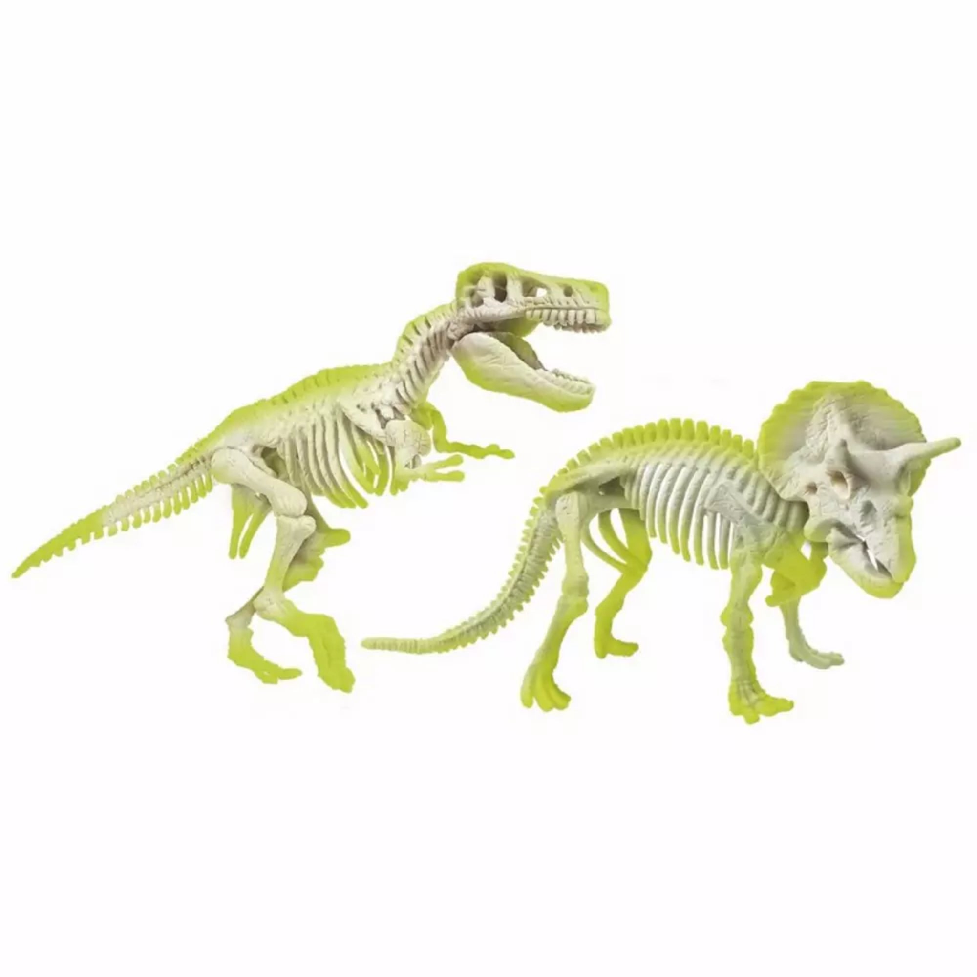 A képen két dinoszaurusz csontvázas modell látható: a rettegett Tyrannosaurus Rex és a háromszarvú Triceratops. A modellek különlegessége, hogy foszforeszkáló részeket tartalmaznak – élénk zöld színnel ragyognak a sötétben. A csontvázak részletesen kidolgozottak, élethű megjelenést nyújtanak, és remekül visszaadják a dinoszauruszok testfelépítését. Ideális oktató- és játékélmény a dinoszauruszrajongó gyerekeknek!