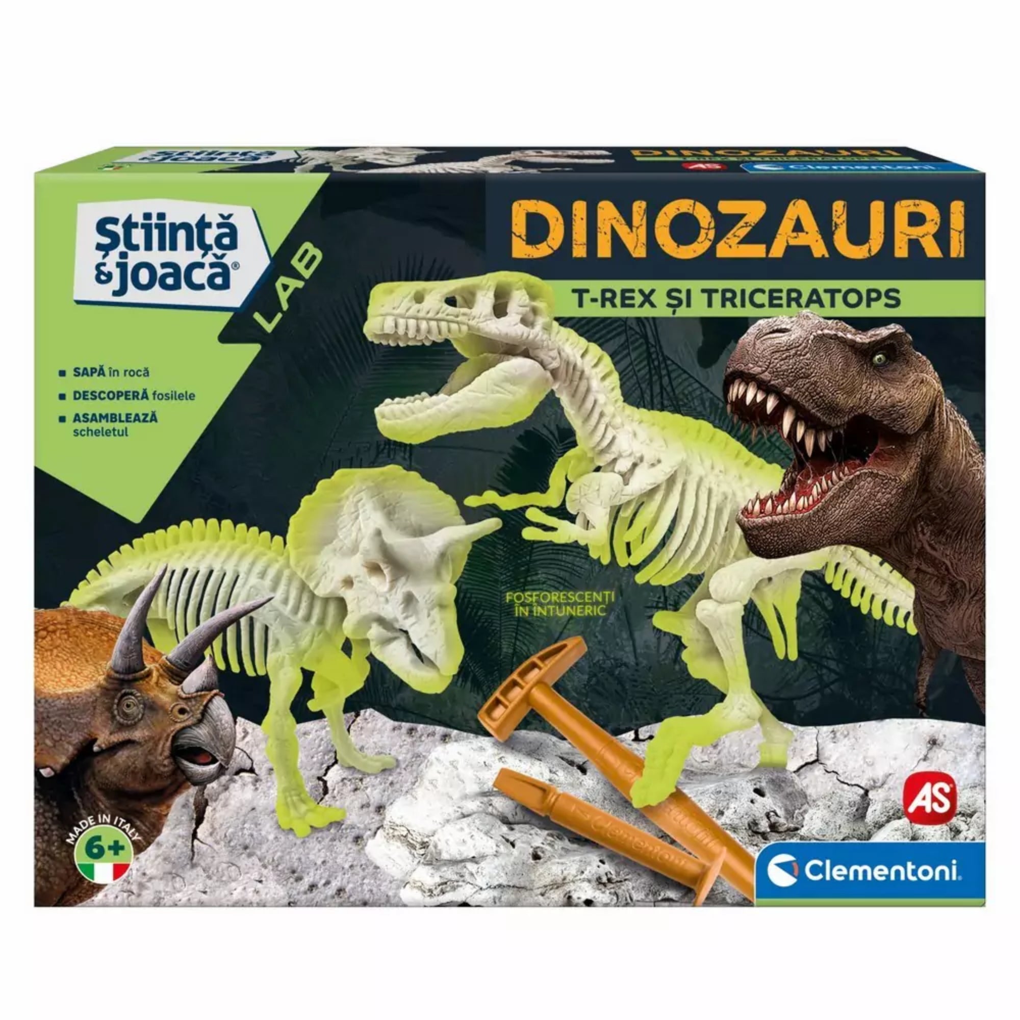 A képen a Clementoni „Dinozauri – T-Rex și Triceratops” tudományos játékkészlete látható, amely a „Știință & joacă” (Tudomány és játék) sorozat része. A dobozban két dinoszaurusz – a rettegett T-Rex és a páncélos Triceratops – csontvázas modellje található, amelyeket a gyerekek maguk áshatnak ki a mellékelt szerszámokkal, majd össze is szerelhetnek. A csontvázak különlegessége, hogy foszforeszkálnak a sötétben, így még izgalmasabb élményt nyújtanak.