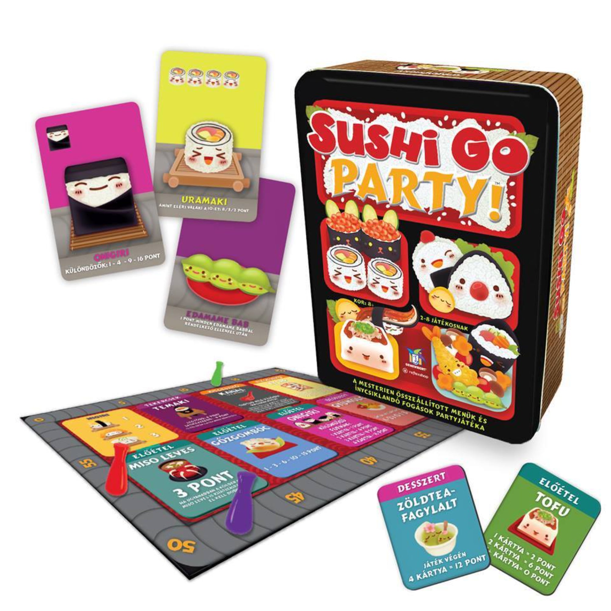 A képen a sushi go party doboza és annak tartalma látható. A doboz mellett,  a kártyák és a játéktábla is szerepet kap. 