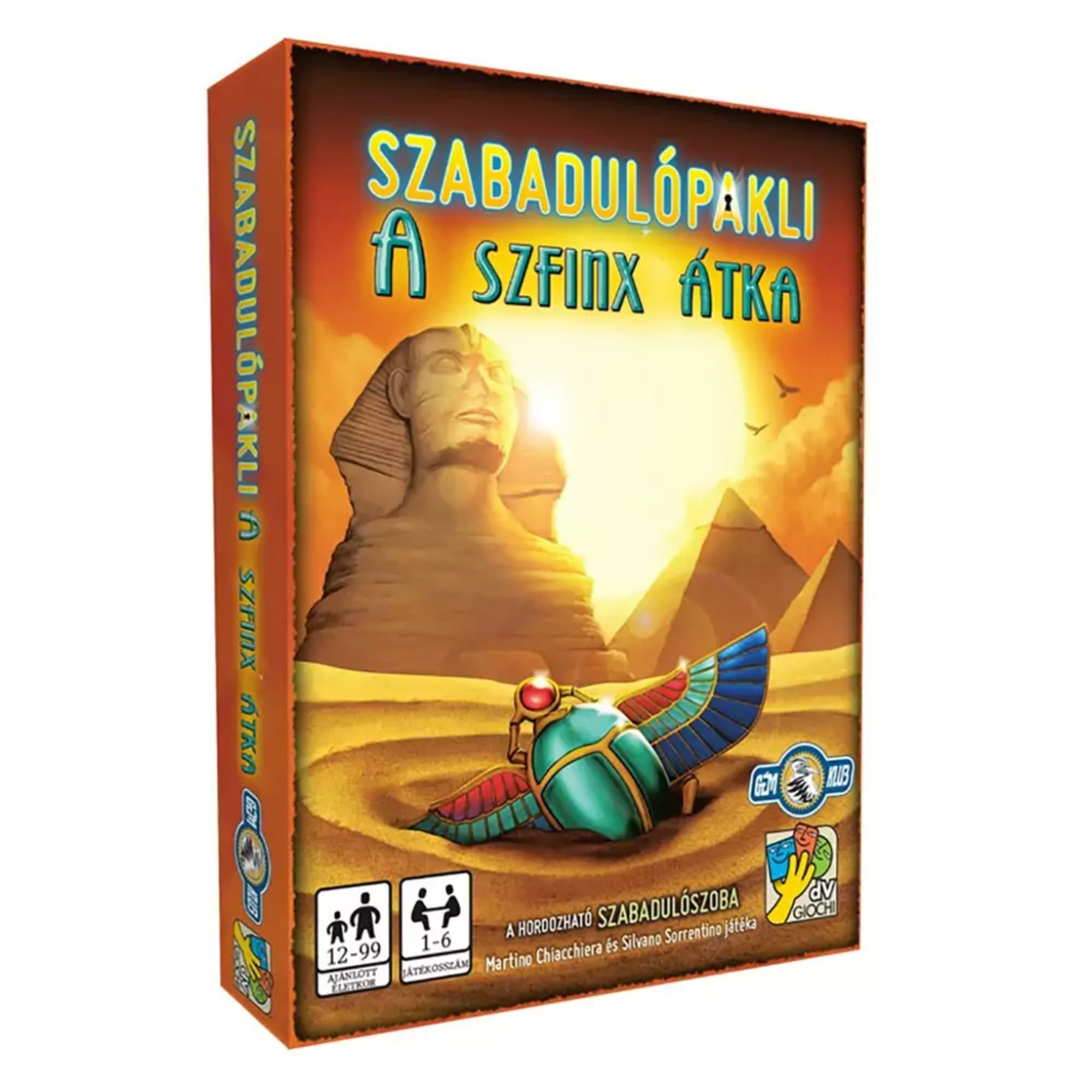 Szabadulópakli – A Szfinx átka társasjáték doboza, amelyen egyiptomi témájú illusztráció látható: a Szfinx szobra, piramisok, sivatag és egy színes szkarabeusz a naplementében.