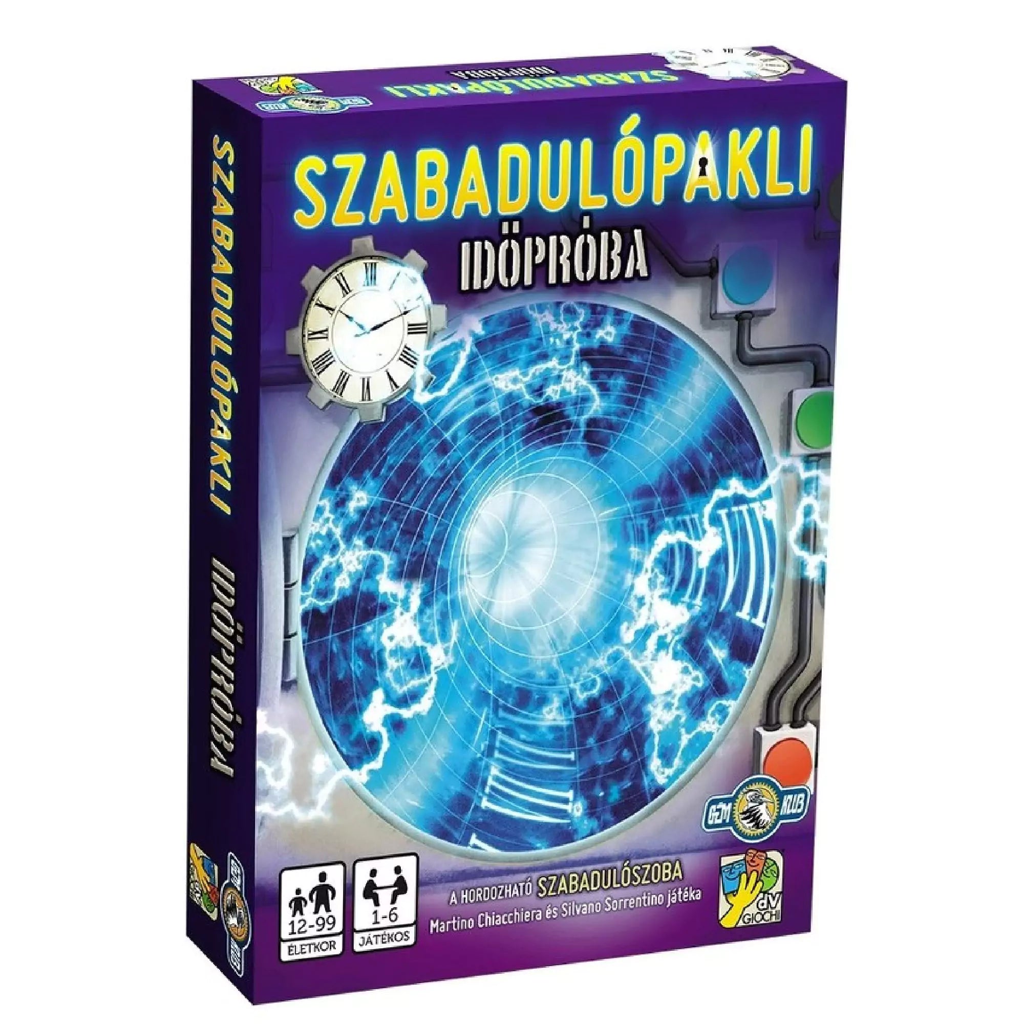 A Szabadulópakli: Időpróba társasjáték doboza, amelyen egy világító, kék színű időkapu vagy energiaörvény látható, klasszikus órával és csövekkel keretezve, a sci-fi és időutazás hangulatát idézve.