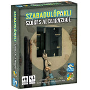 Szabadulópakli – Szökés Alcatrazból társasjáték doboza, melyen egy börtönrácsokat feszítő kéz és falra karcolt strigulák láthatók, a játék témáját idézve.