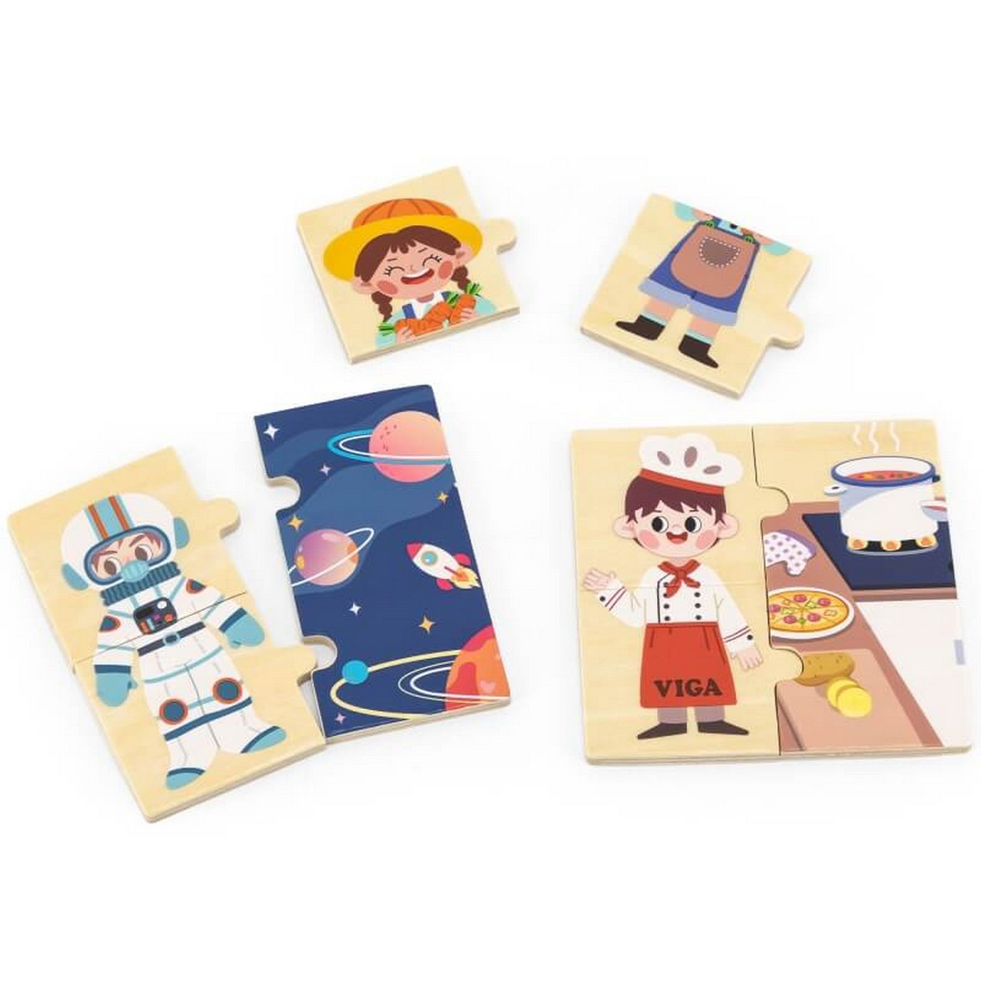 Viga Matching Profession Puzzle Set – fa puzzle darabok különböző foglalkozások (űrhajós, séf, gazda) illusztrációival szétszedett állapotban.