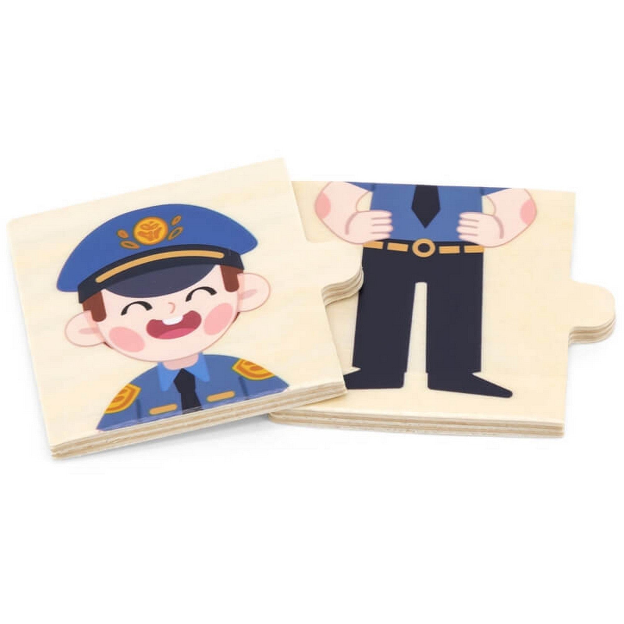 Viga Matching Profession Puzzle Set – rendőr figurát ábrázoló fa puzzle két része, a felsőtest és az alsótest elemei.