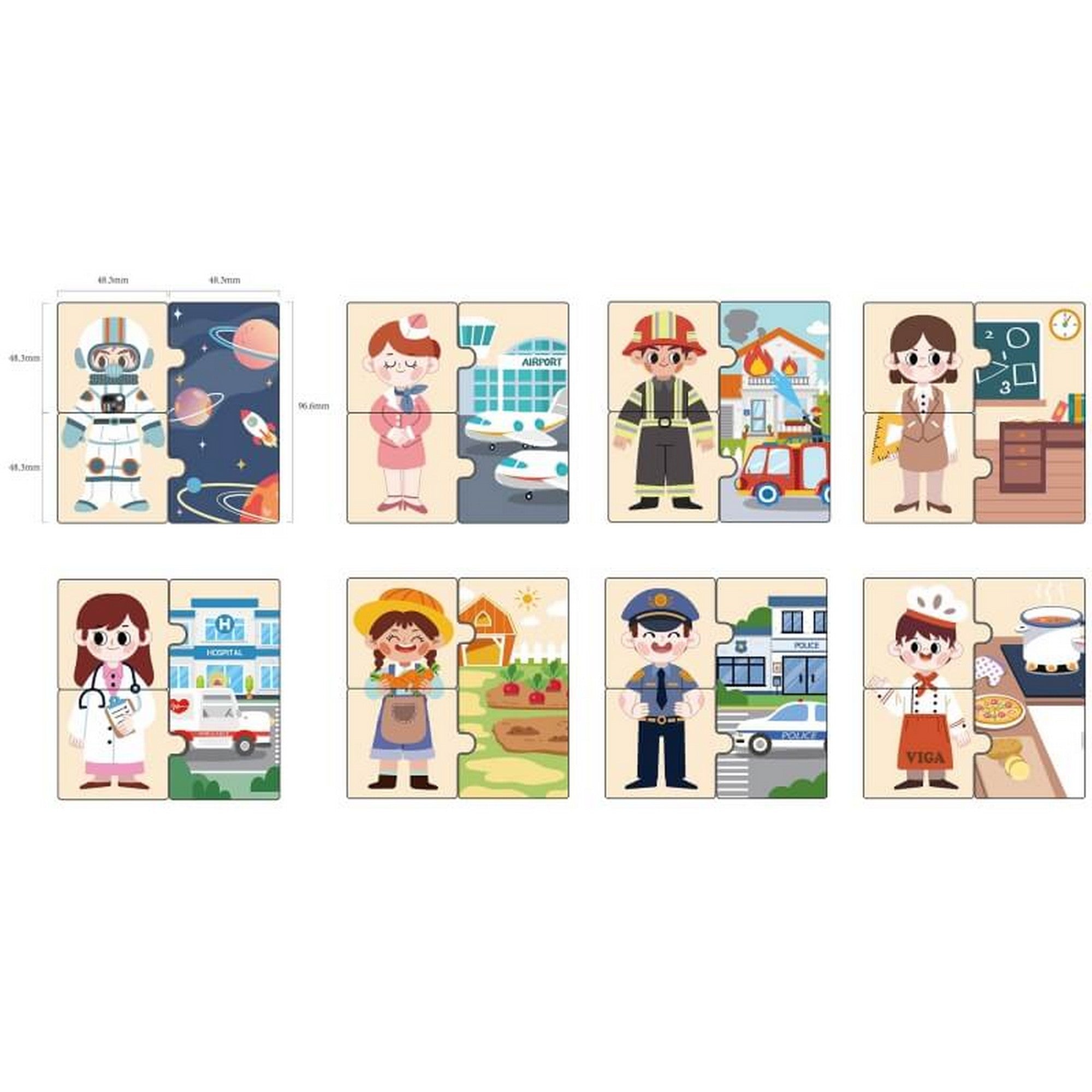 Viga Matching Profession Puzzle Set – a készlet összes foglalkozáspuzzle-je egy képen, 8 szakma illusztrált elemeivel.