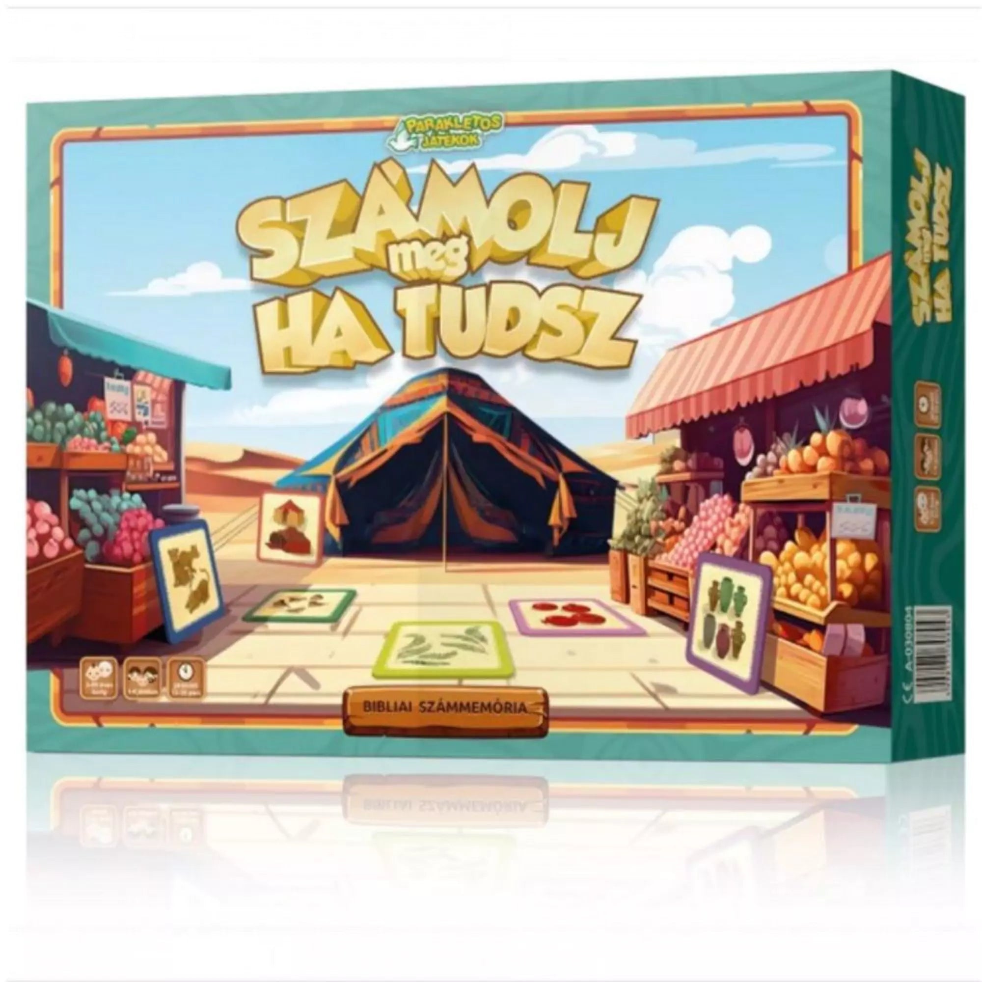 Számolj meg, ha tudsz! társasjáték doboza. A borítón egy piaci jelenet látható sátrakkal és gyümölcsökkel. Bibliai témájú számolós memóriajáték.