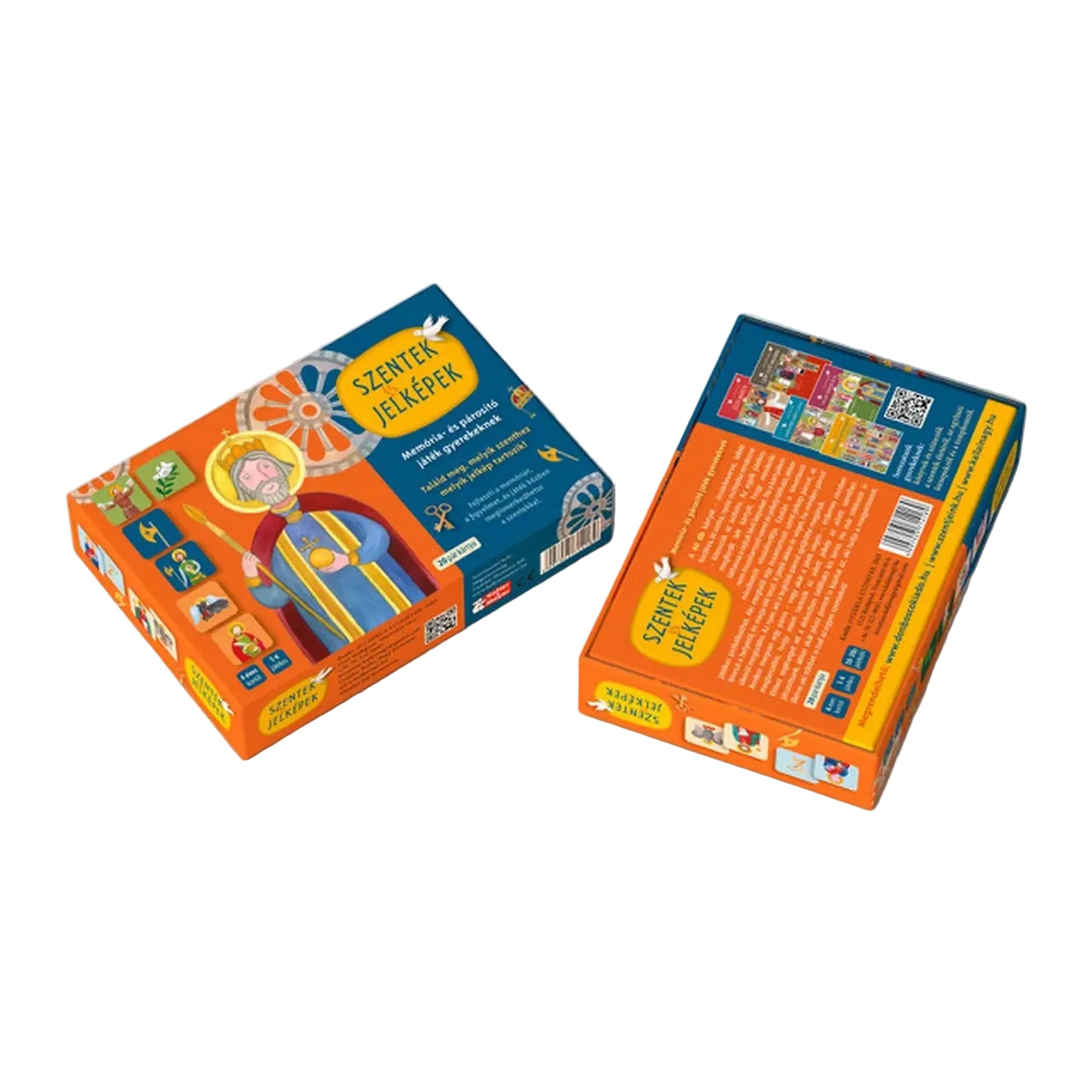 Szentek és jelképek memóriajáték: A társasjáték doboza elöl és hátul, színes illusztrációkkal és a játék bemutatásával.