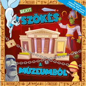 EXIT: Szökés a múzeumból társasjáték borítója, amelyen egy ősi egyiptomi téma elevenedik meg. A középpontban egy múzeum látható láncokkal lezárva, mellette egy felfedező kalapos figura nagyítóval, egy moai szobor és egy macska alakú karakter. A sarokban egy fáraó díszes ábrázolása és rejtélyes hieroglifák szegélyezik a képet.