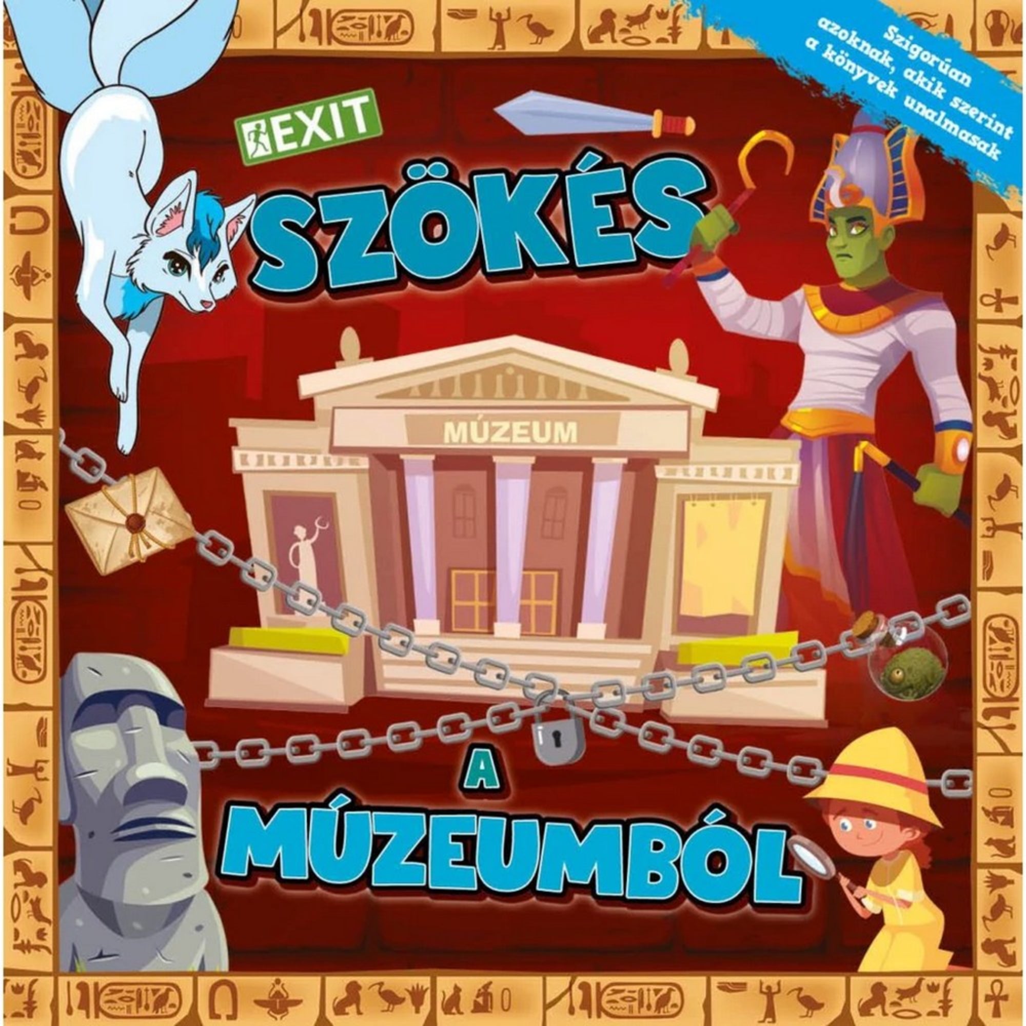 EXIT: Szökés a múzeumból társasjáték borítója, amelyen egy ősi egyiptomi téma elevenedik meg. A középpontban egy múzeum látható láncokkal lezárva, mellette egy felfedező kalapos figura nagyítóval, egy moai szobor és egy macska alakú karakter. A sarokban egy fáraó díszes ábrázolása és rejtélyes hieroglifák szegélyezik a képet.