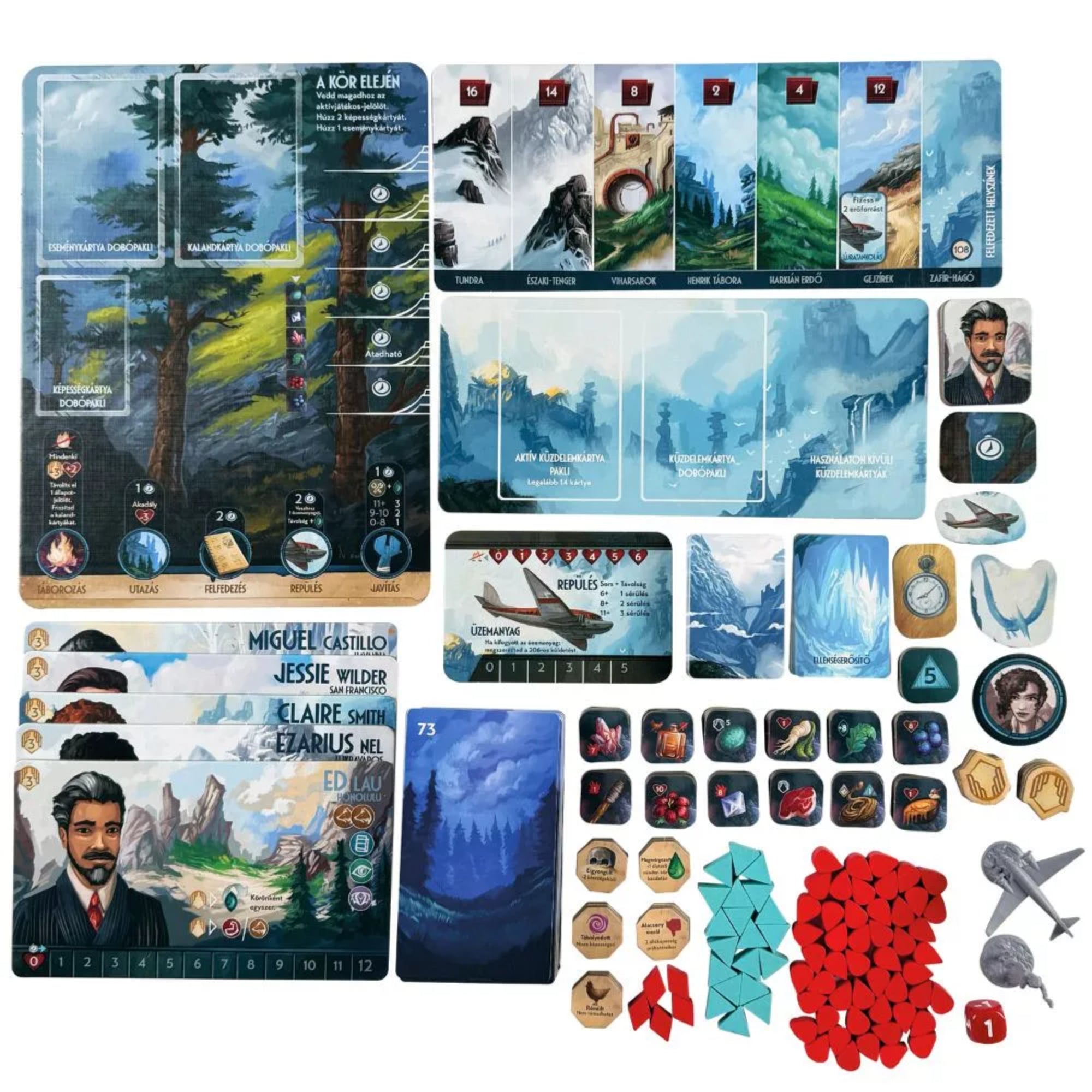 A Szunnyadó istenek – Távoli égboltok társasjáték teljes tartalma áttekintve: játéktáblák, karakterlapok, kártyapaklik, erőforrás- és jelölőtokenek, dobókockák, figurák és különféle játékelemek egy nagy, rendezett elrendezésben.