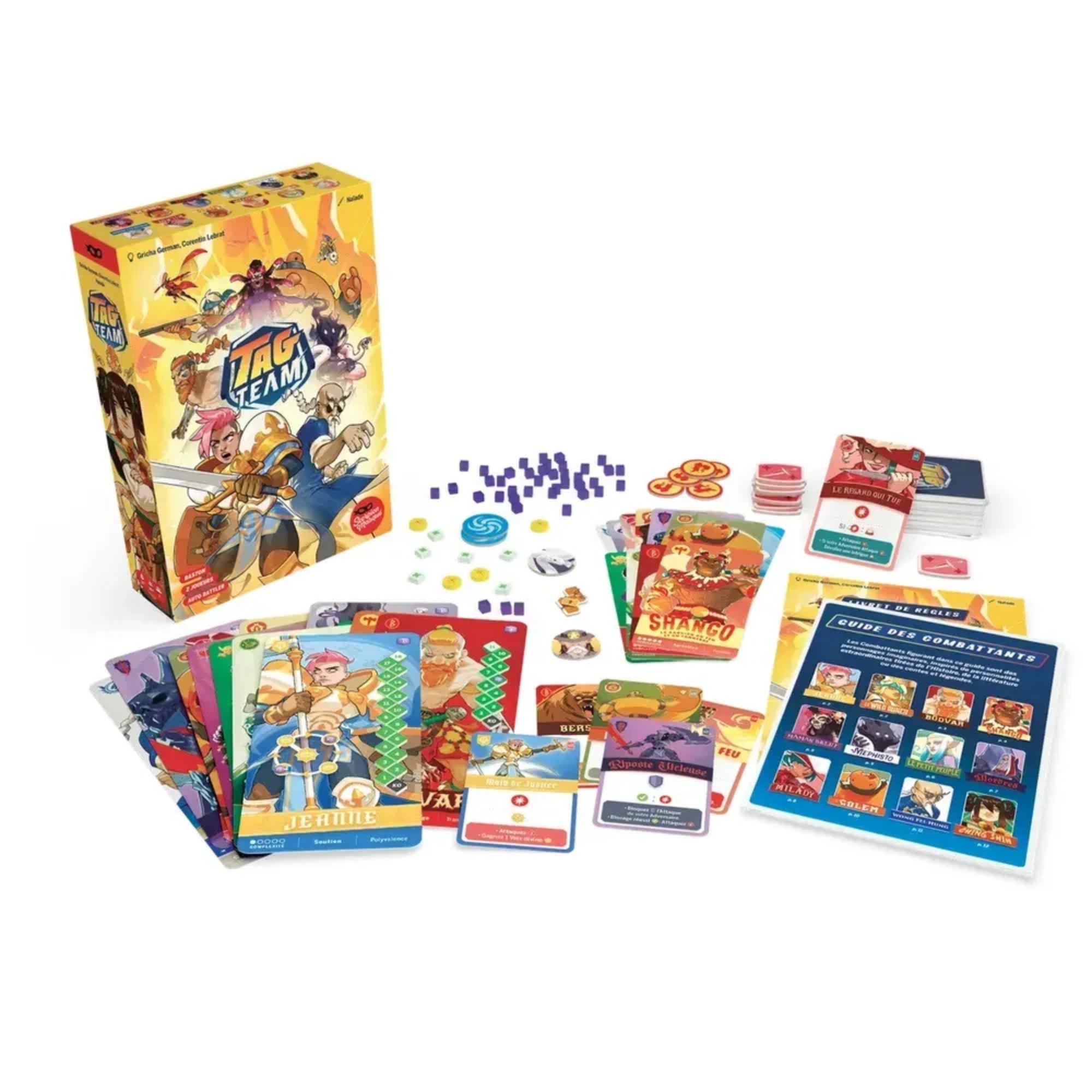 Tag Team társasjáték teljes tartalma kiterítve: doboz, karakter- és akciókártyák, jelölők, korongok, kártyapaklik és szabálykönyv rendezett elrendezésben.