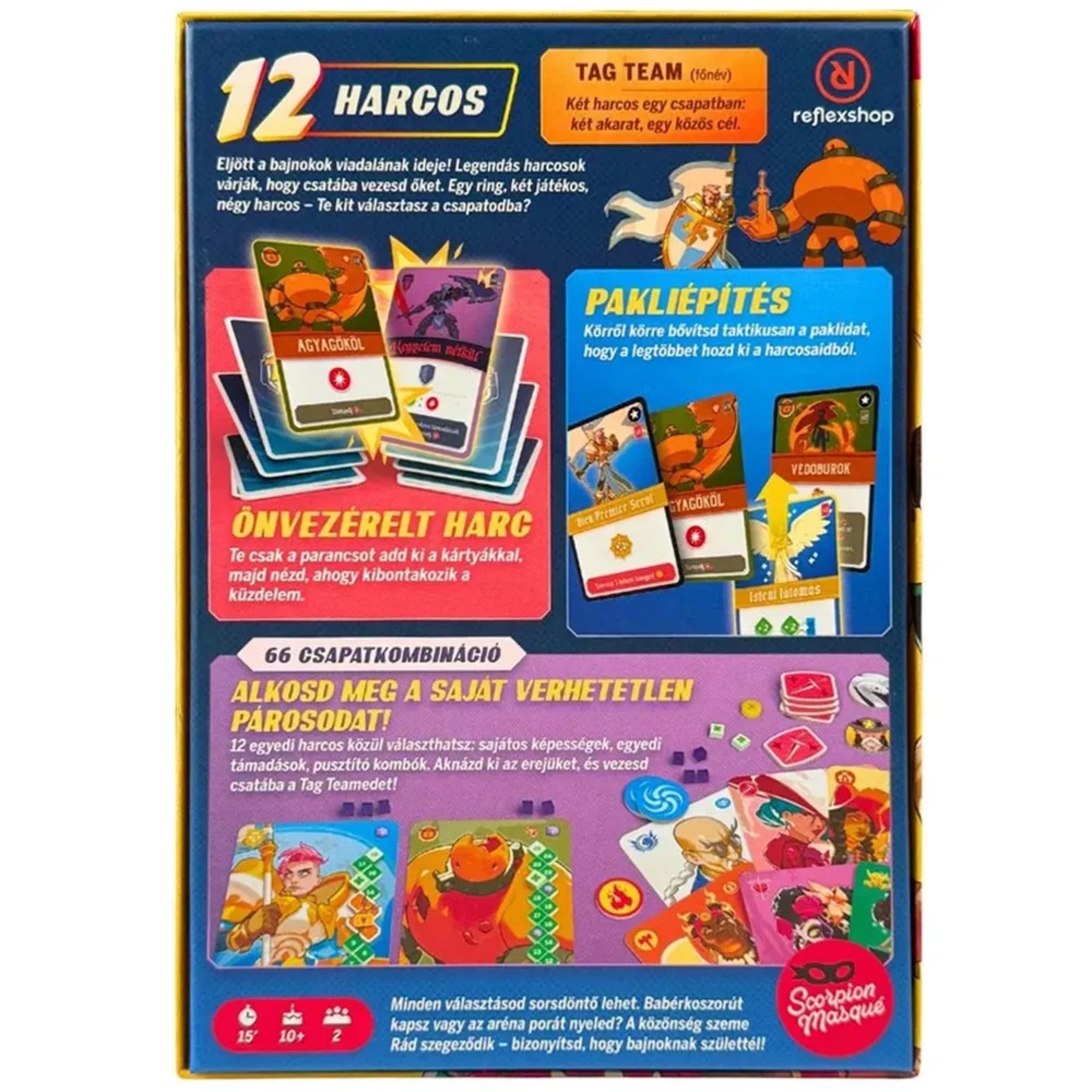 Tag Team társasjáték dobozának hátoldala, 12 harcos bemutatásaival, pakliépítési magyarázattal, játékleírással és csapatkombinációkat illusztráló kártyaképekkel.