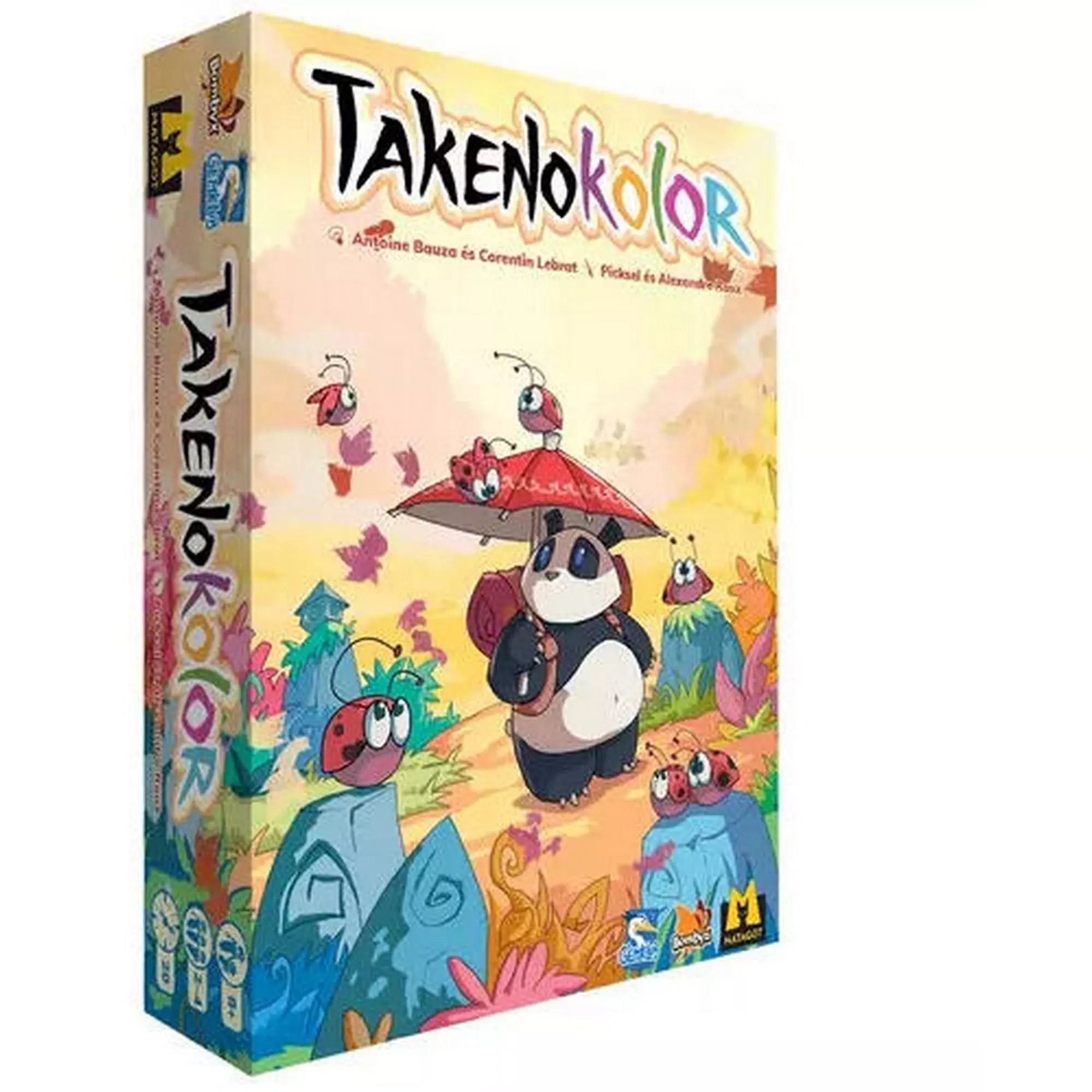 Takenokolor társasjáték doboza. A borítón egy panda látható, aki esernyőt tart, körülötte színes növények és katicák. Kreatív színezős társasjáték.