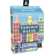 Táncoló Házak társasjáték doboza színes, amszterdami stílusú homlokzatokkal és pasztell városi illusztrációval.