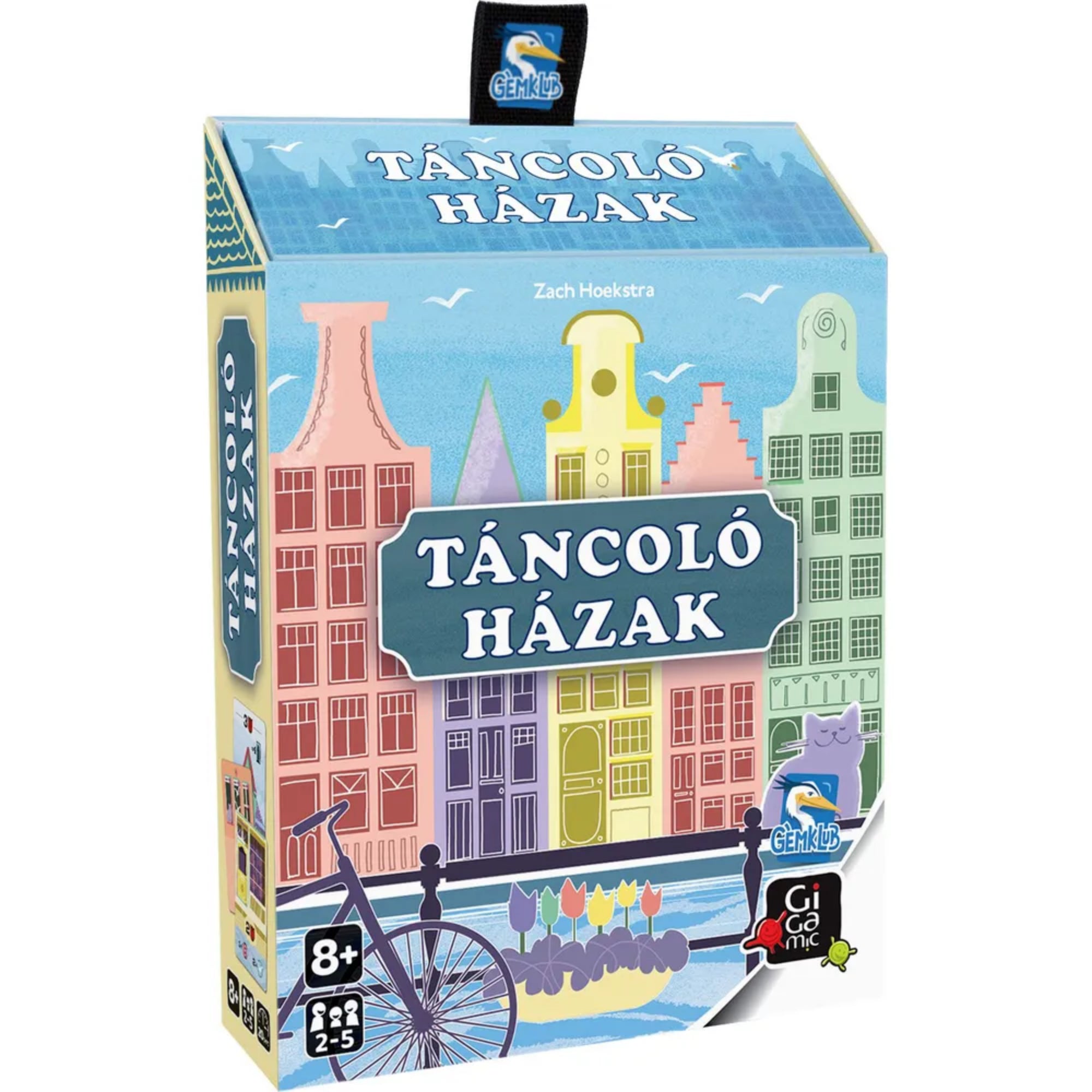 Táncoló Házak társasjáték doboza színes, amszterdami stílusú homlokzatokkal és pasztell városi illusztrációval.