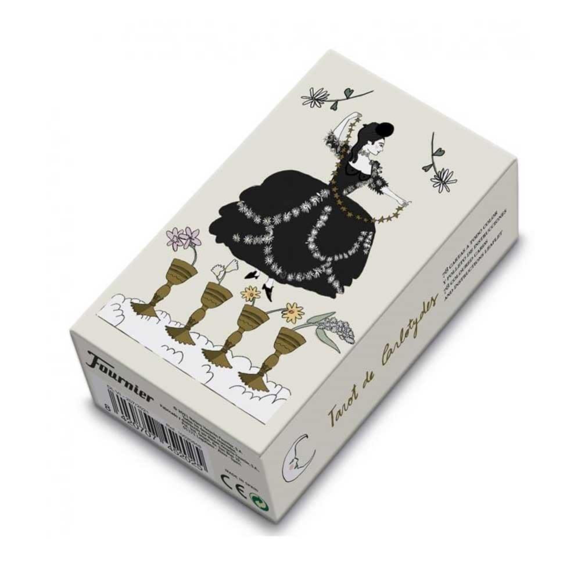 A képen a Tarot de Carlotydes kártyapakli doboza látható. A letisztult, világos háttér előtt egy fekete ruhás, virágokkal díszített női alak jelenik meg, körülötte virágokkal és kehely szimbólumokkal. A rajzok játékosak, finoman humoros stílusúak, ami egyedi bájt kölcsönöz a csomagnak.