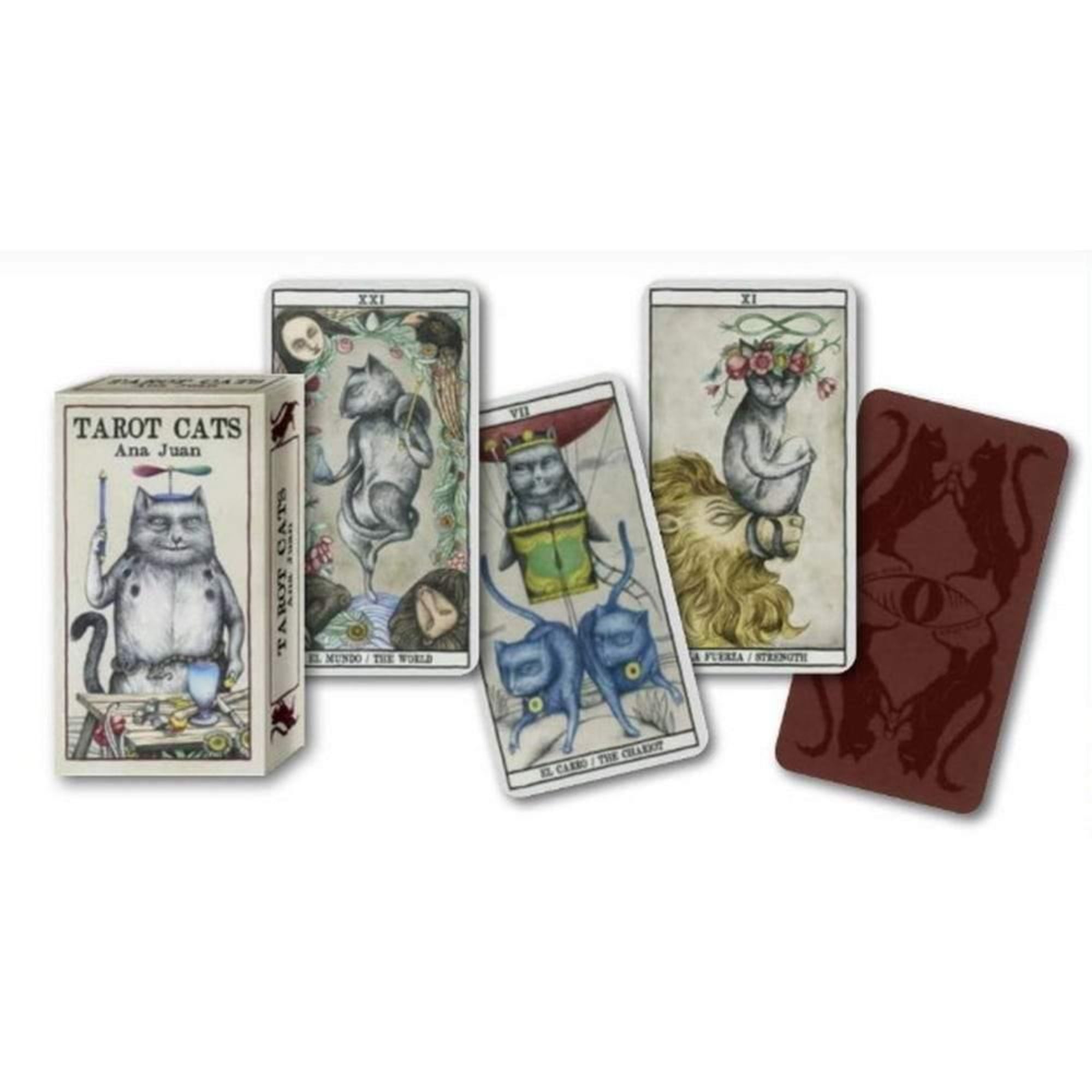 A képen a Tarot Cats kártyacsomag doboza és néhány kártyája látható Ana Juan egyedi illusztrációival. A lapokon különféle macskás karakterek jelennek meg szimbolikus jelenetekben, részletes és művészi kidolgozással. A háttérben a kártyák hátoldalának mintája is megfigyelhető, amely két szimmetrikusan elhelyezkedő macskát ábrázol.