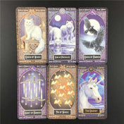 A képen a Tarot Familiars kártyacsomag néhány lapja látható, köztük a Botok Királynője, az Érmék Királya, a Kardok Királynője és a Diadalszekér. A kártyákat misztikus állatok, például fehér macska, farkasok, hollók és unikornis díszítik.