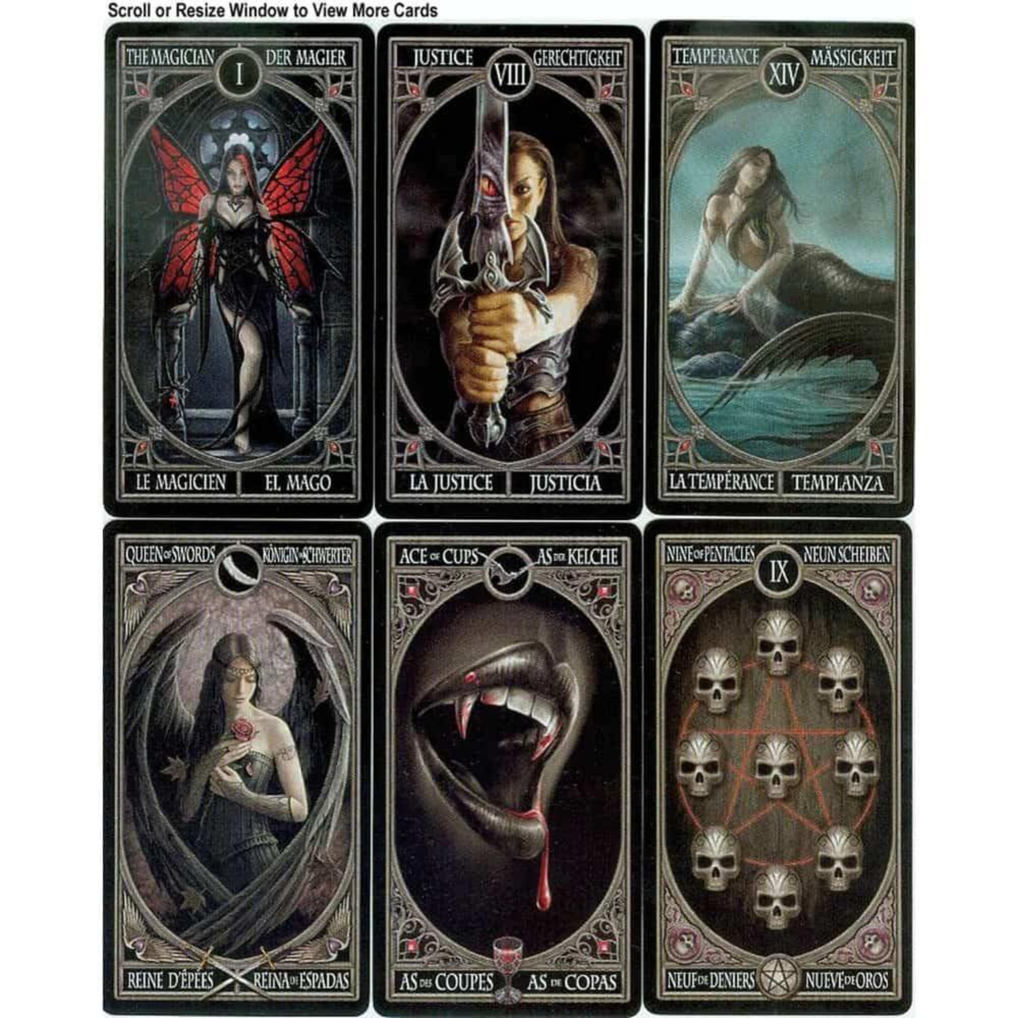 A képen az Anne Stokes Gothic Tarot pakli néhány lenyűgöző kártyalapja látható. A The Magician kártyán egy vörös szárnyú boszorkány látható, a Justice lapján egy harcos nő tart egy pengeéles kardot, amiben egy vörösen izzó szem tükröződik. A Temperance kártya egy sellőt ábrázol a vízben, nyugodt, álomszerű hangulatot árasztva. A Queen of Swords egy fekete szárnyú nőalakot mutat rózsával a kezében, a Ace of Cups pedig egy vámpírszerű szájjal és vércseppel fokozza a gótikus érzést.