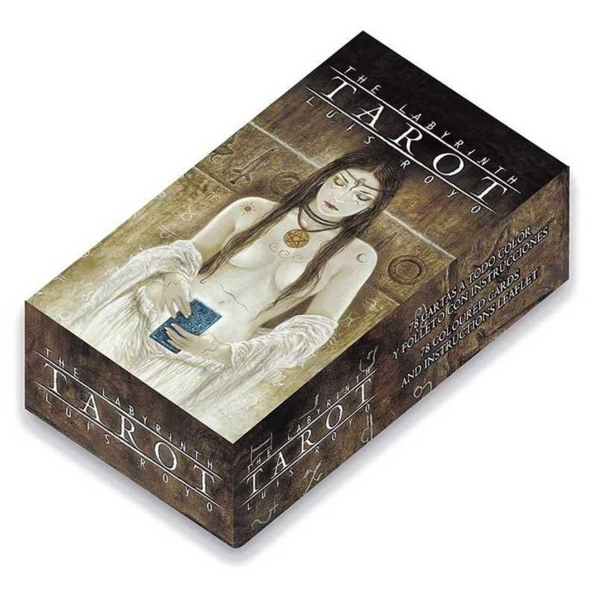 A képen a "The Labyrinth Tarot" kártyacsomag látható, Luis Royo művészi illusztrációival. A dobozon egy misztikus, fehér ruhás alak szerepel, kezében egy könyvvel, hátterében ősi szimbólumokkal díszített fal.