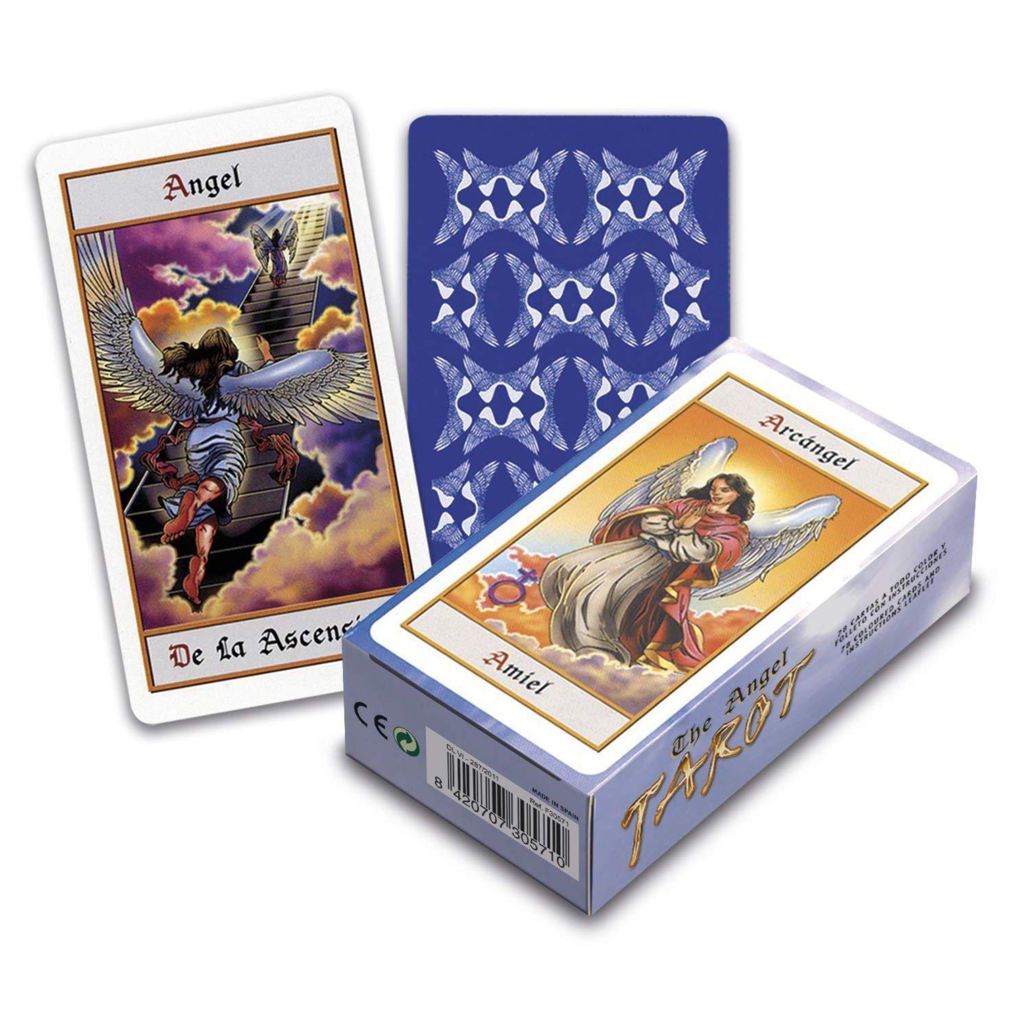 A képen a The Angel Tarot kártyacsomag látható, amely egy spirituális és angyali tematikájú tarot pakli. A doboz előlapján egy arkangyal (Amiel) jelenik meg lágy színekben, klasszikus ikonográfiával, míg a nyitott kártyák között szerepel egy "De la Ascensión" (Felemelkedés angyala) nevű lap is. A kártyák hátlapján kék-fehér, csillagmintás dizájn látható.