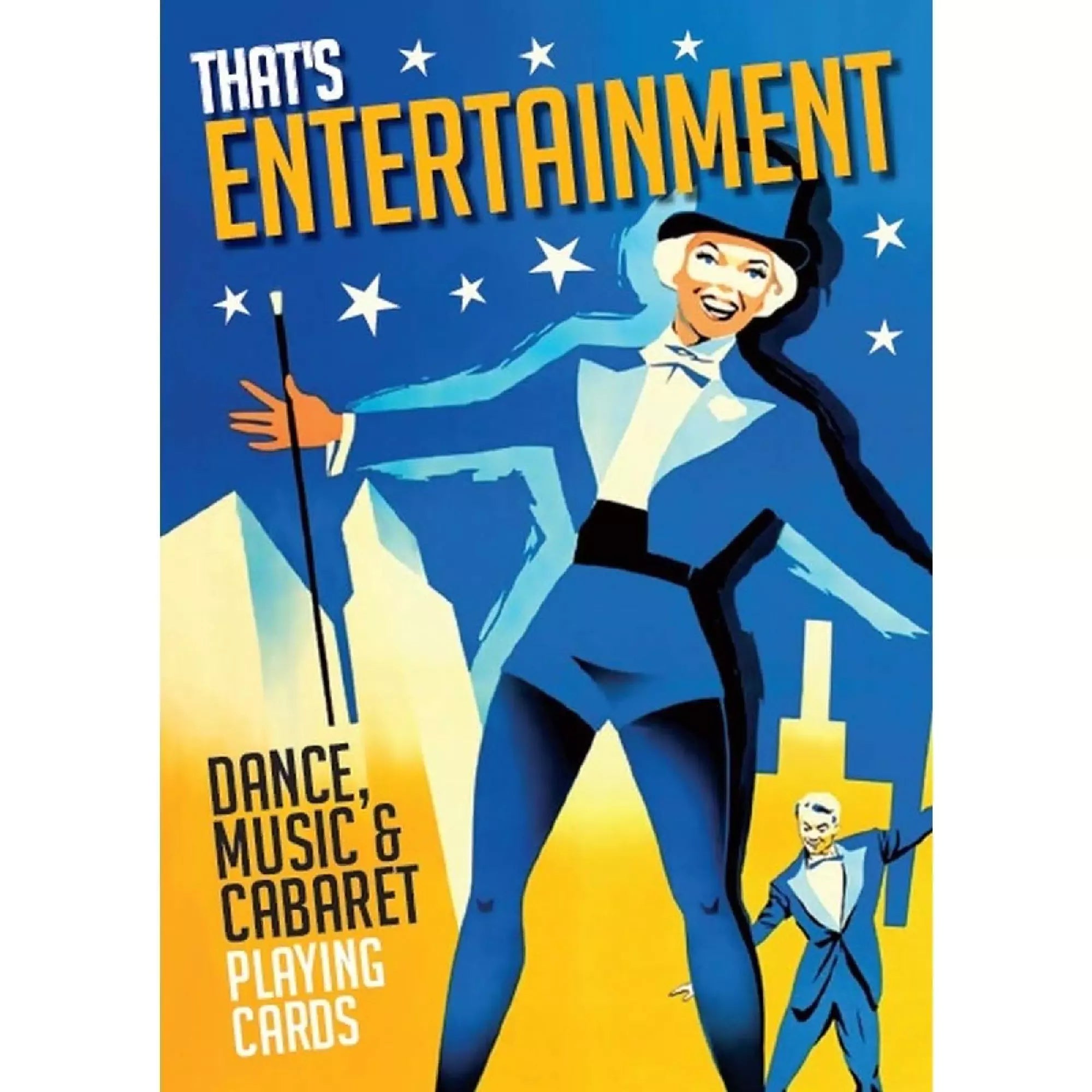 That's Entertainment – Dance, Music & Cabaret játék kártyacsomag doboza élénk kék-sárga grafikával, kabaré stílusú illusztrációval.