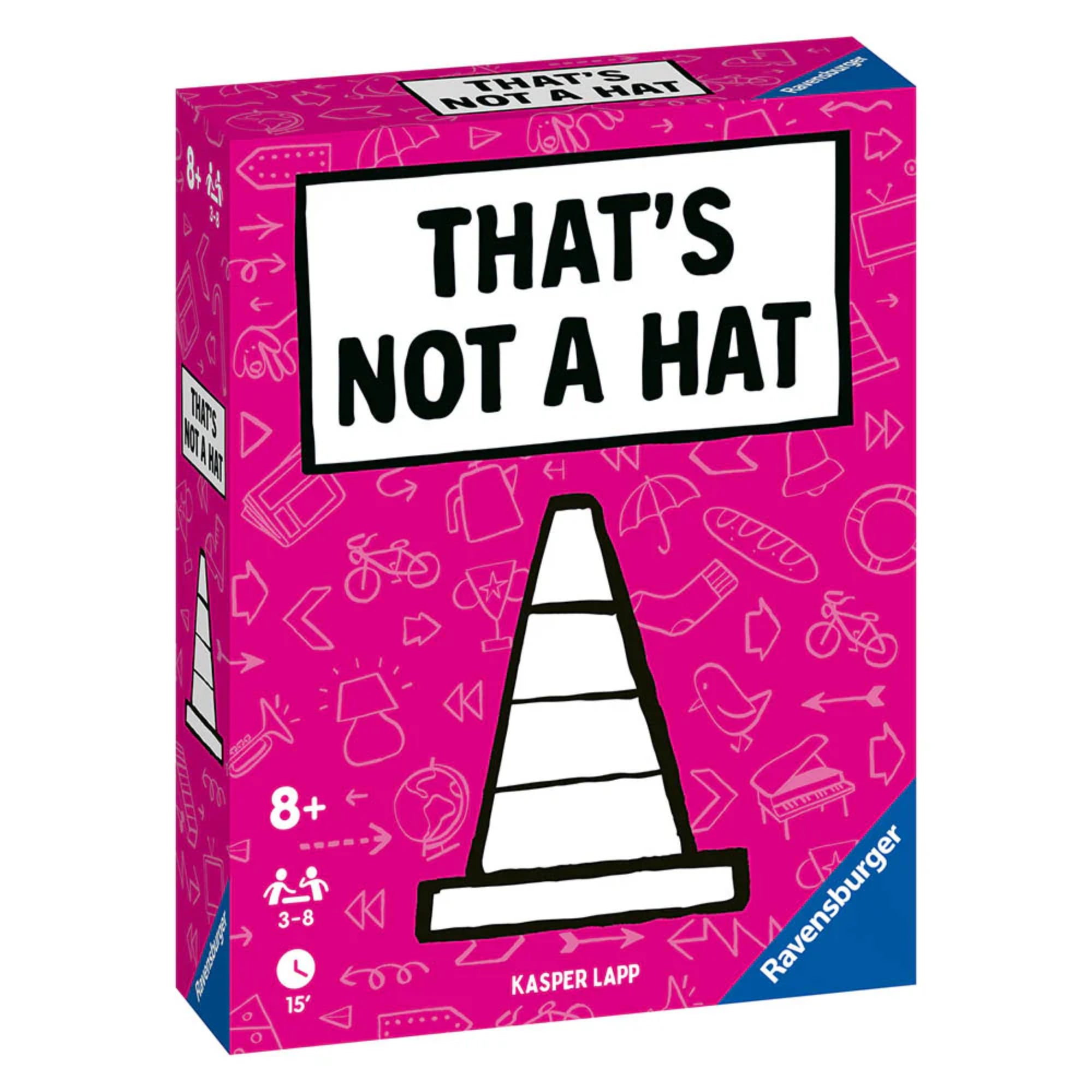 A képen a That’s Not a Hat partijáték doboza látható, amely élénk rózsaszín háttérrel és játékos ikonokkal (bicikli, kenyér, napernyő stb.) van díszítve. A doboz közepén egy fehér tábla látható fekete kerettel, benne a játék címe: THAT’S NOT A HAT. Alatta egy stilizált fekete-fehér közlekedési bója látszik – utalva arra, hogy ez bizony nem egy kalap. A bal alsó sarokban a játék korosztályi ajánlása (8+), játékosszám (3–8 fő), és játékidő (15 perc) szerepel, jobb alul pedig a Ravensburger logója. 