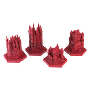 Részletes, piros vármakettek hexagonális talapzaton – különböző formájú kastélyépületek játékkomponensként.